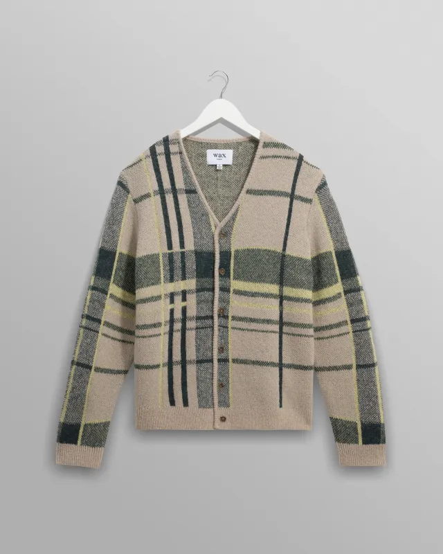 Alban - Natural And Green Plaid Check Cardigan sold by Wax London