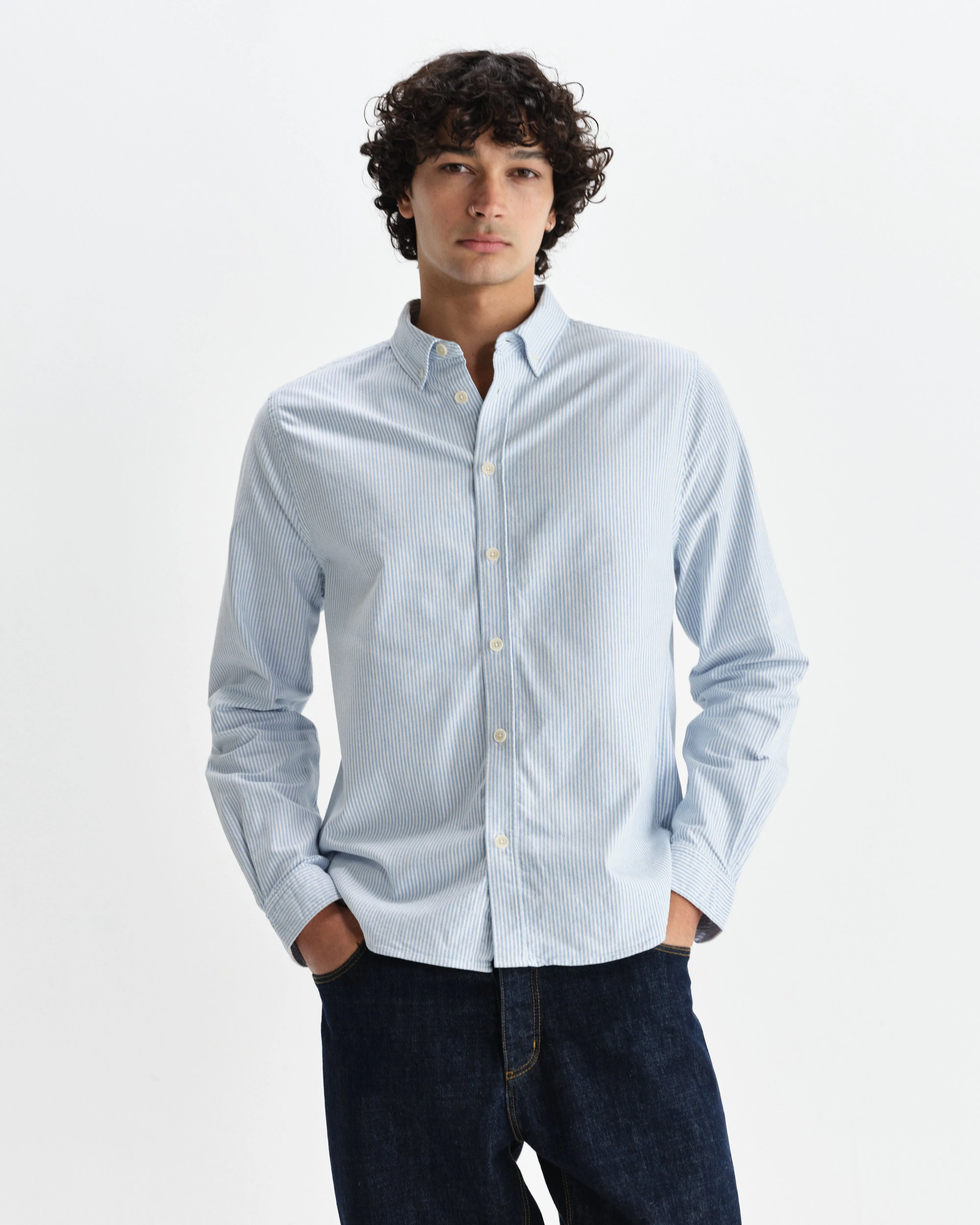 Caspian - White And Blue Stripe Cotton Oxford Shirt sold by Wax London product image thumbnail 2