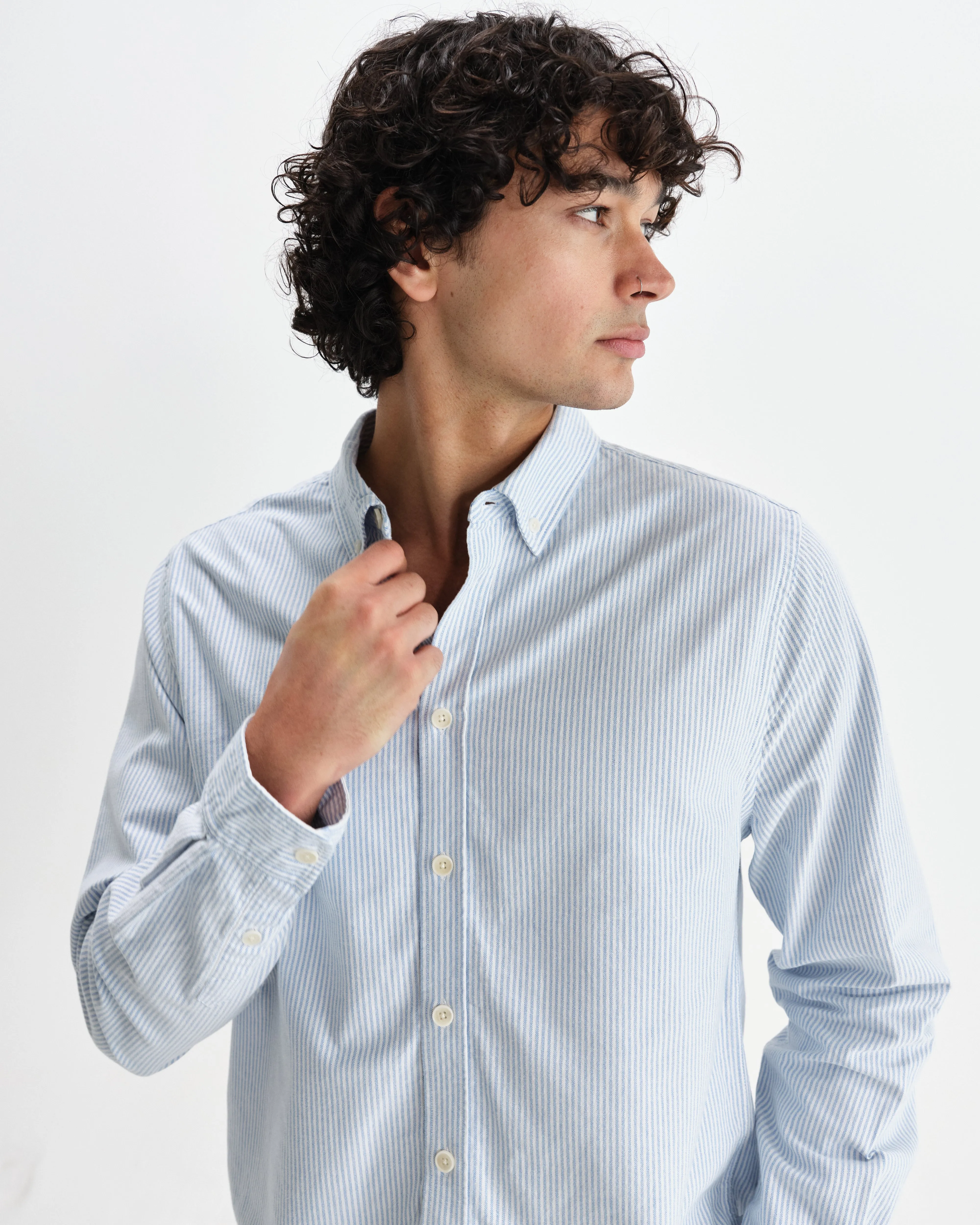 Caspian - White And Blue Stripe Cotton Oxford Shirt sold by Wax London product image thumbnail 3
