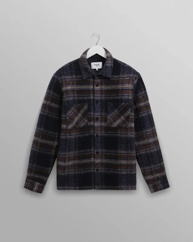 Whiting - Navy Wool Blend Check Overshirt sold by Wax London