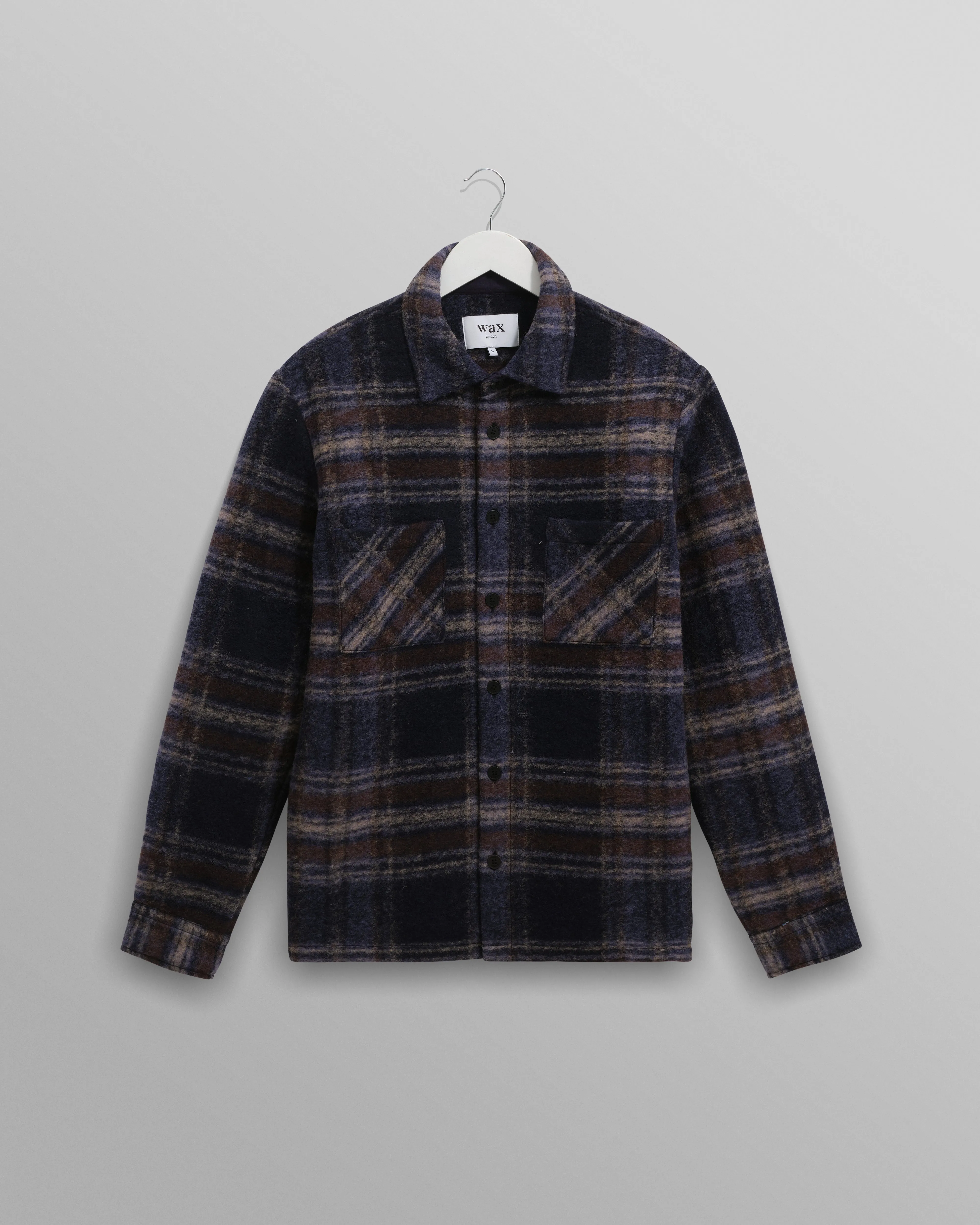 Whiting - Navy Wool Blend Check Overshirt sold by Wax London