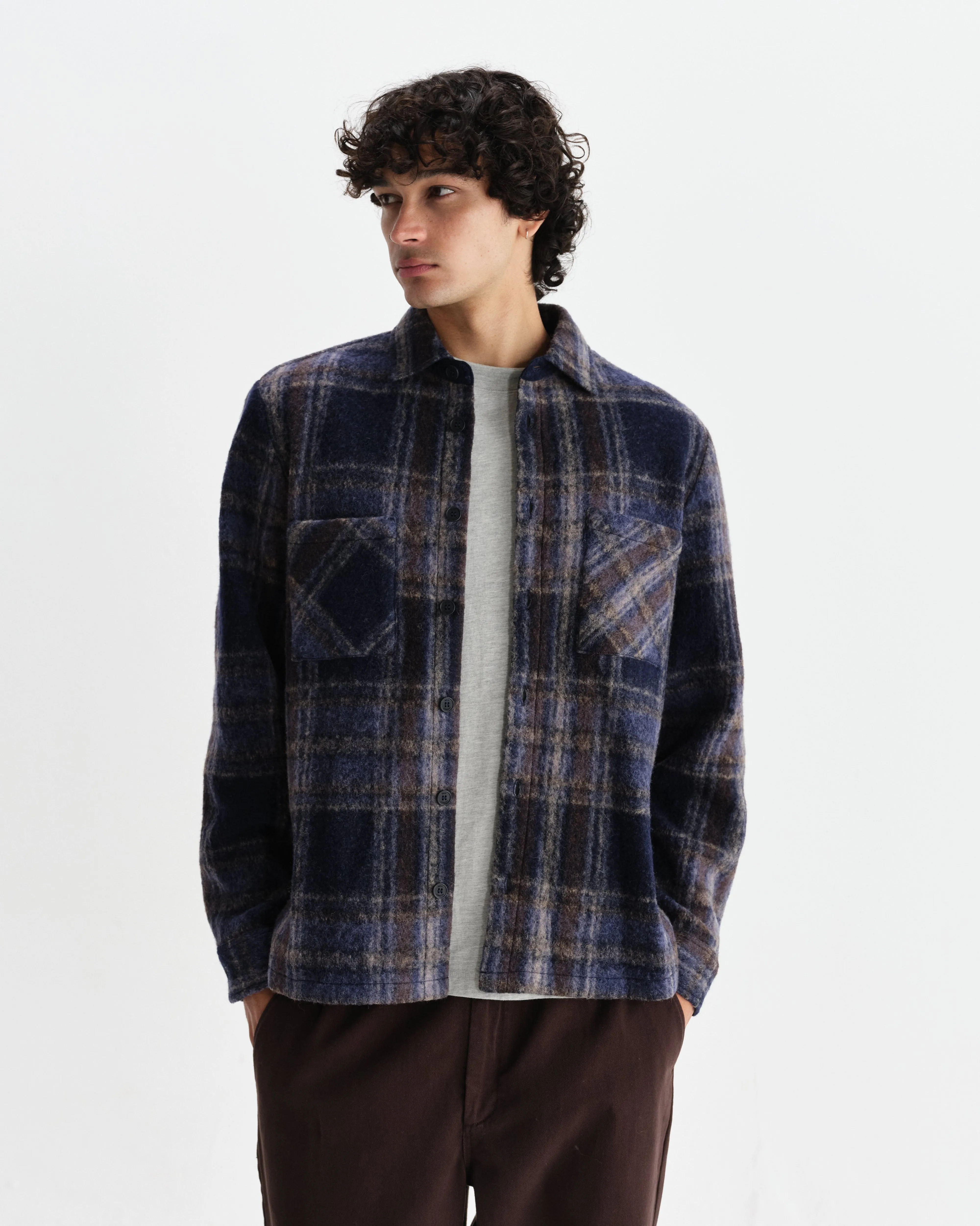 Whiting - Navy Wool Blend Check Overshirt sold by Wax London product image thumbnail 2