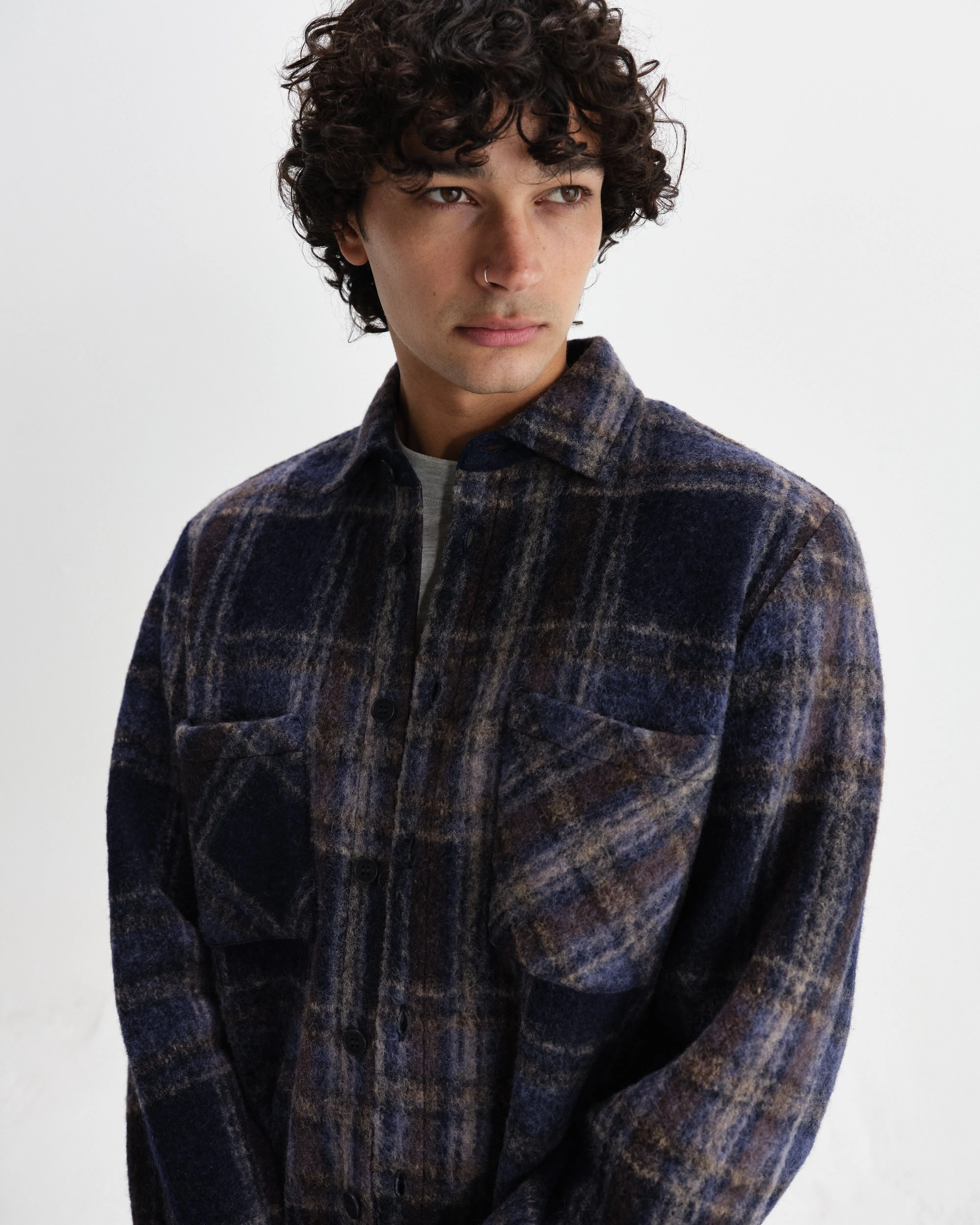 Whiting - Navy Wool Blend Check Overshirt sold by Wax London product image thumbnail 3