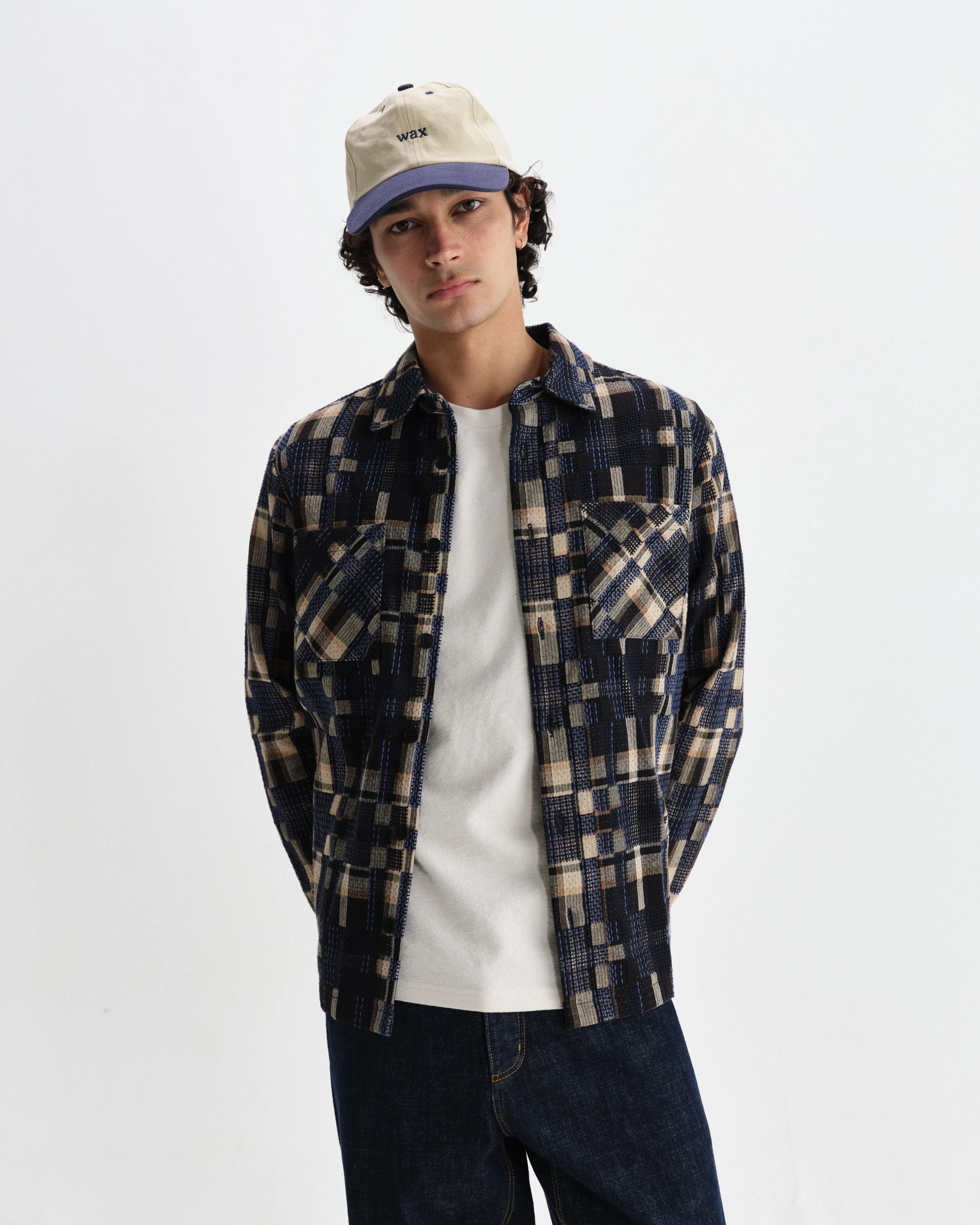 Whiting - Natural And Navy Glitch Check Overshirt sold by Wax London product image thumbnail 2