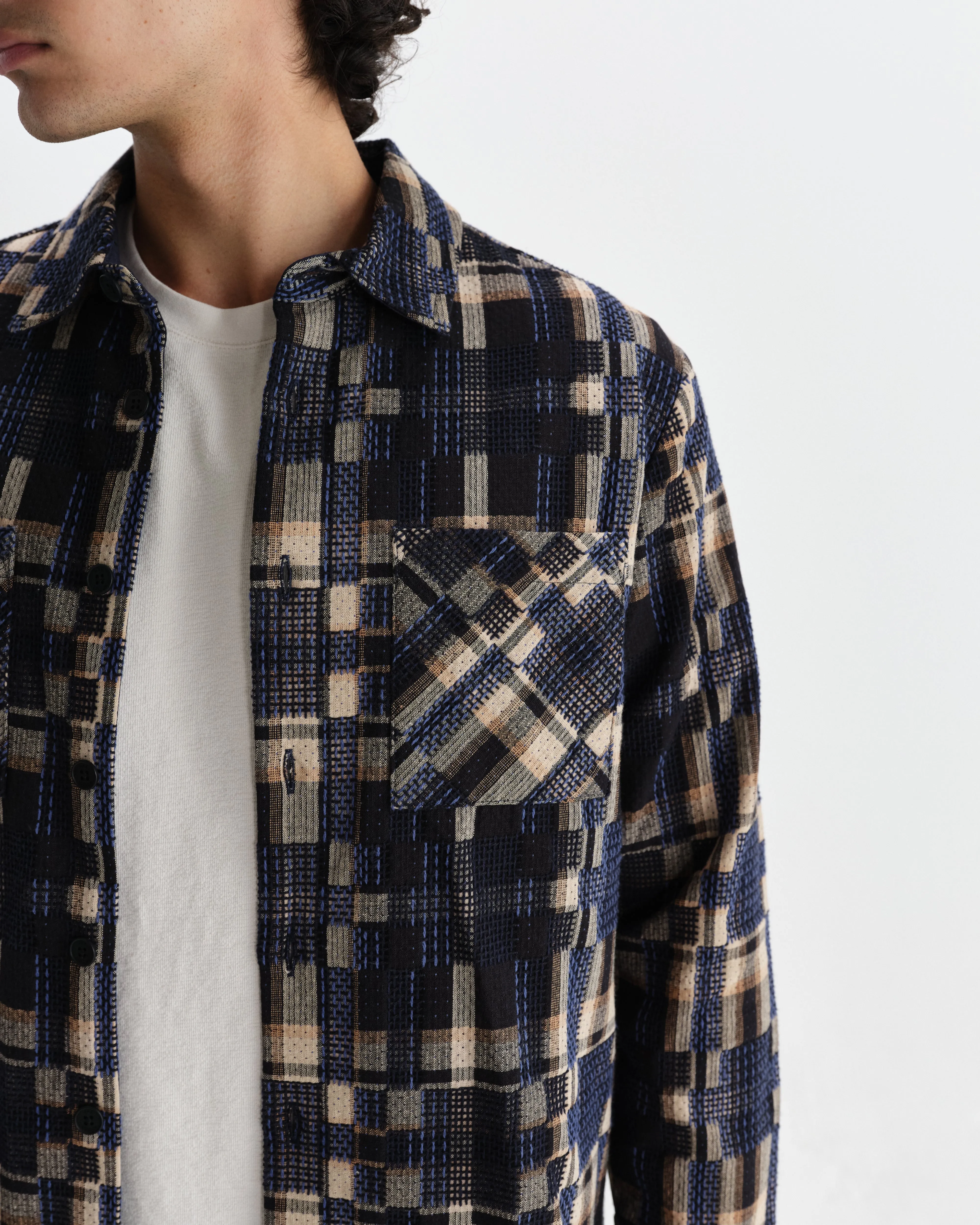 Whiting - Natural And Navy Glitch Check Overshirt sold by Wax London product image thumbnail 3