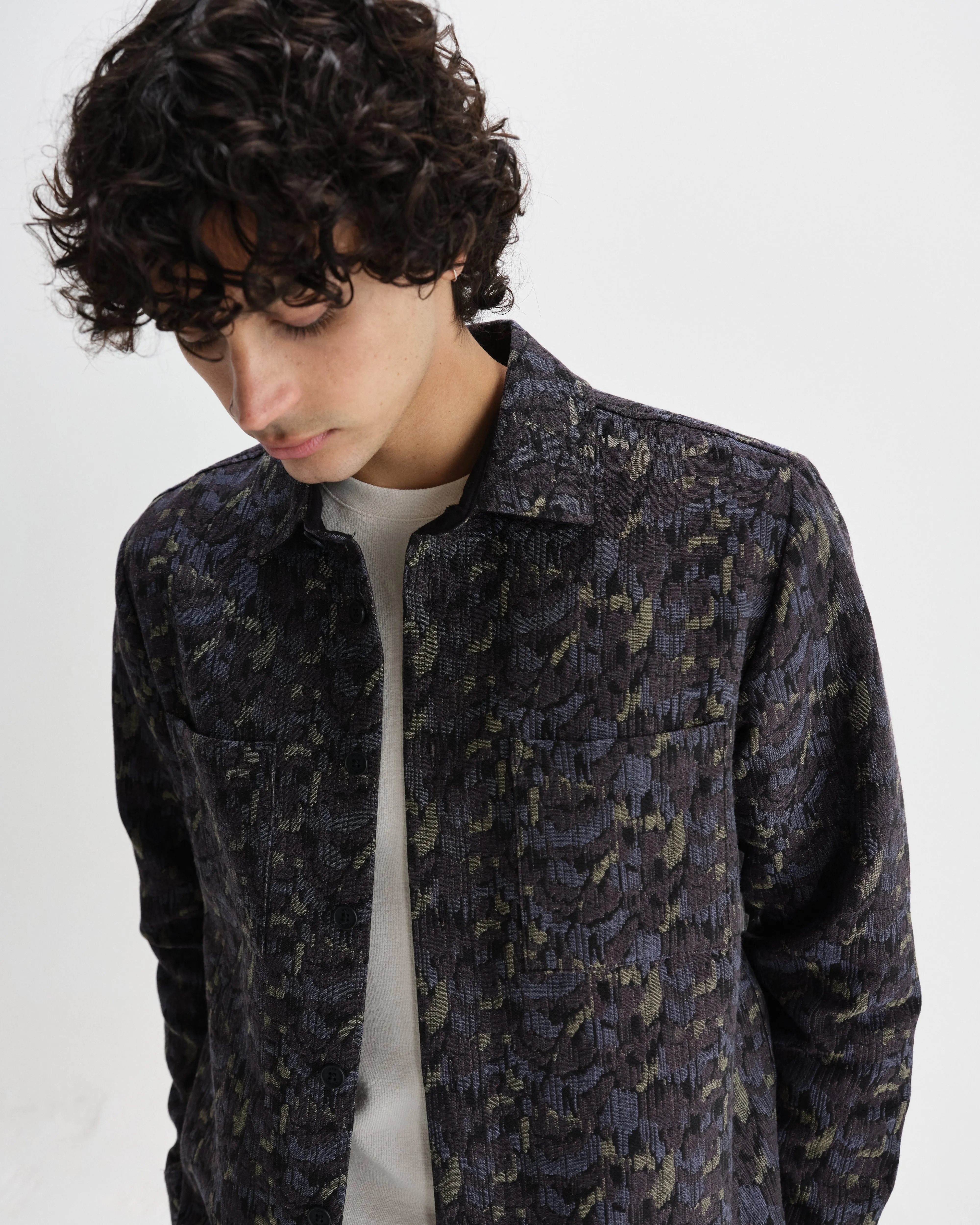 Whiting - Navy Camo Jacquard Overshirt sold by Wax London product image thumbnail 3