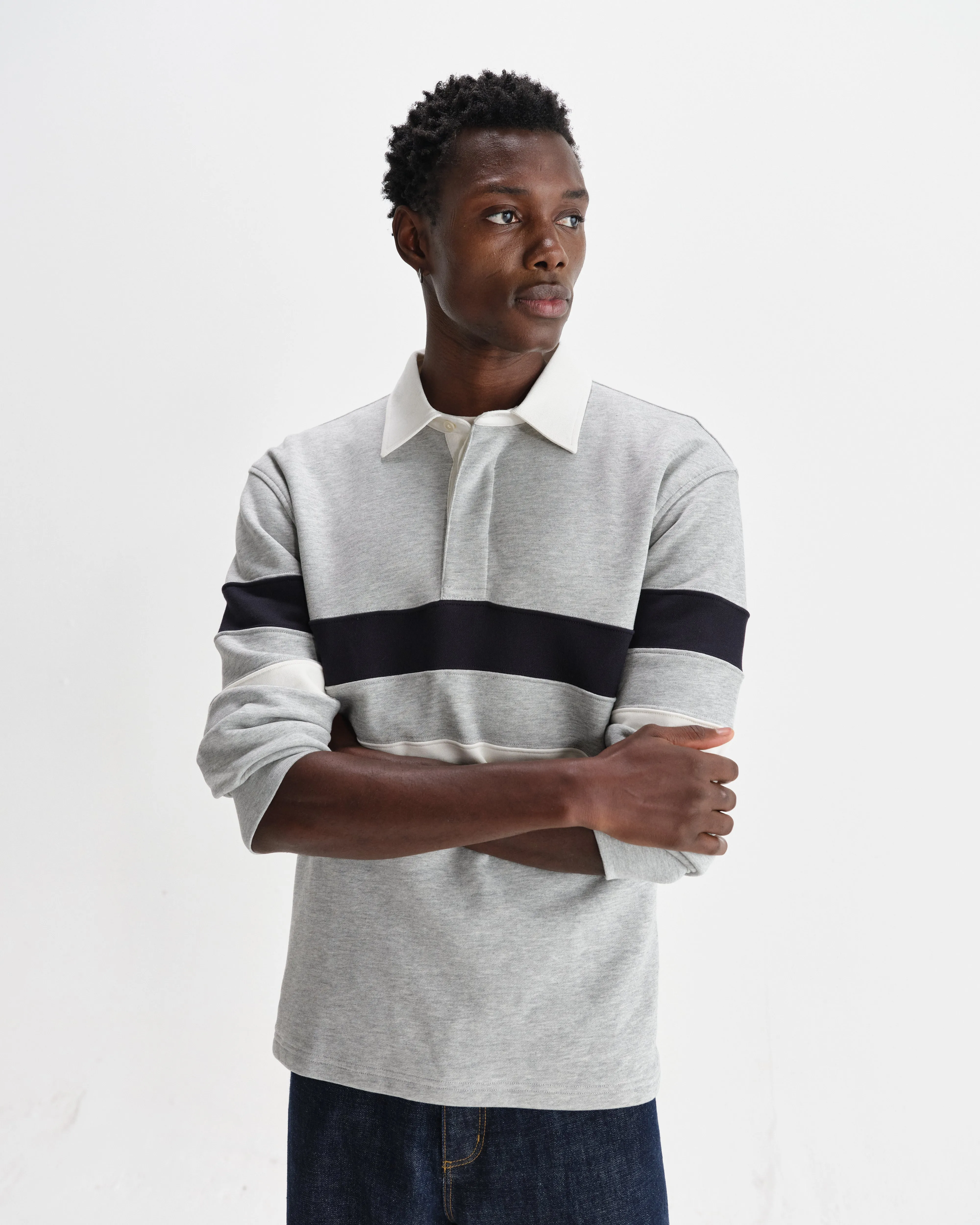 Rowhill - Grey Marl Stripe Panelled Loopback Rugby Shirt sold by Wax London product image thumbnail 2