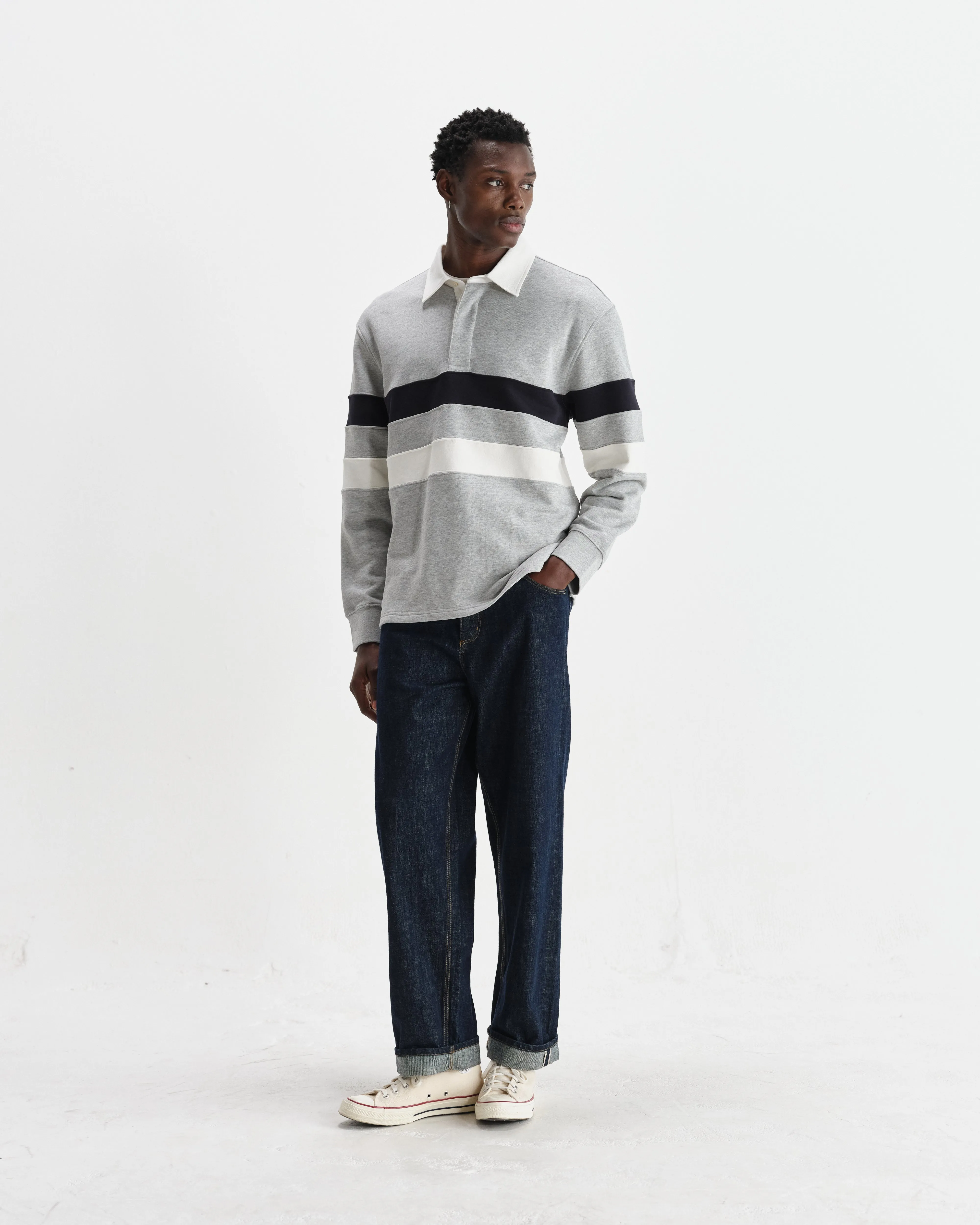 Rowhill - Grey Marl Stripe Panelled Loopback Rugby Shirt sold by Wax London product image thumbnail 5