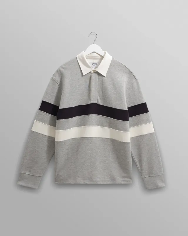 Rowhill - Grey Marl Stripe Panelled Loopback Rugby Shirt sold by Wax London
