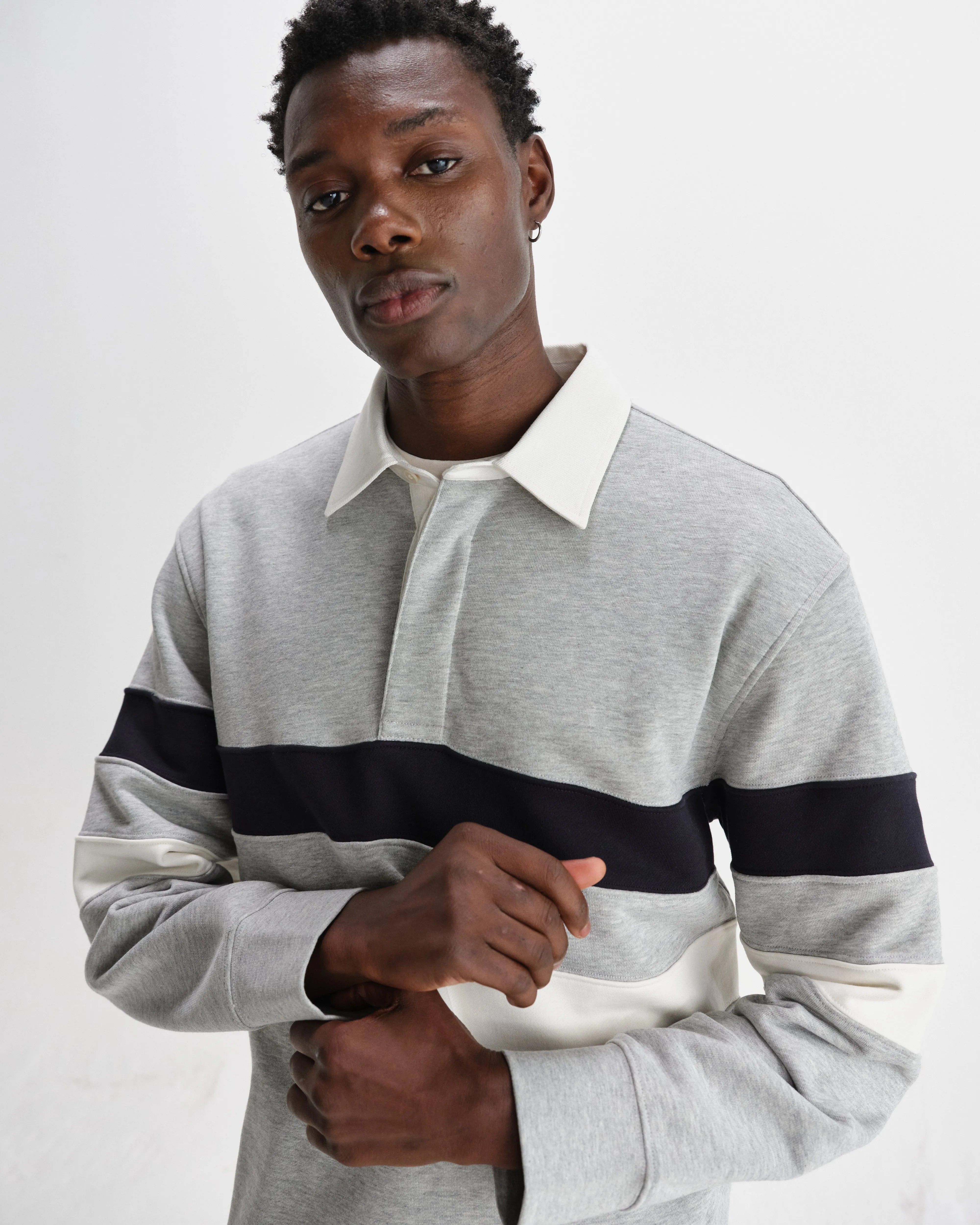 Rowhill - Grey Marl Stripe Panelled Loopback Rugby Shirt sold by Wax London product image thumbnail 3