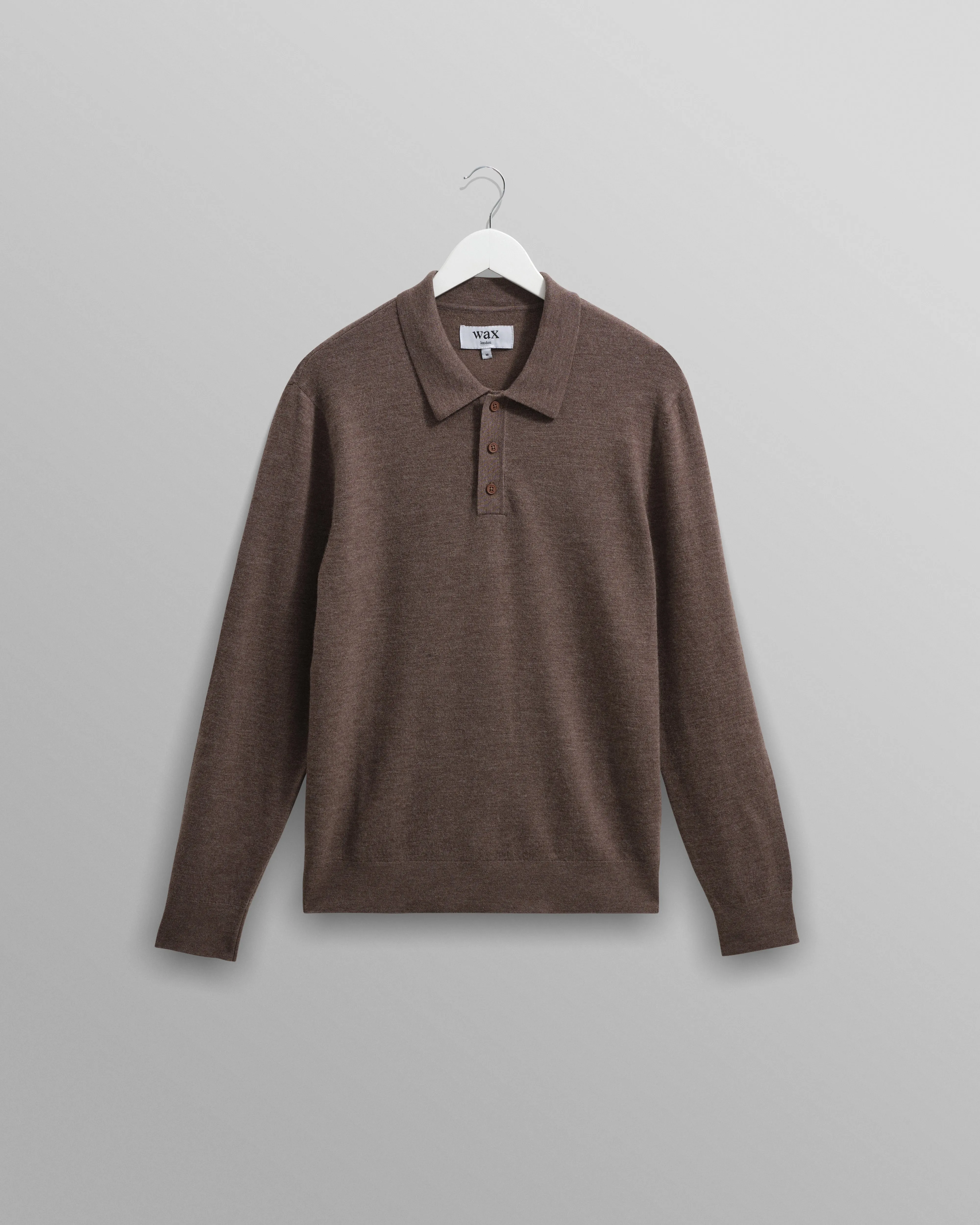 Oban - Brown Marl Worsted Wool Knitted Polo sold by Wax London