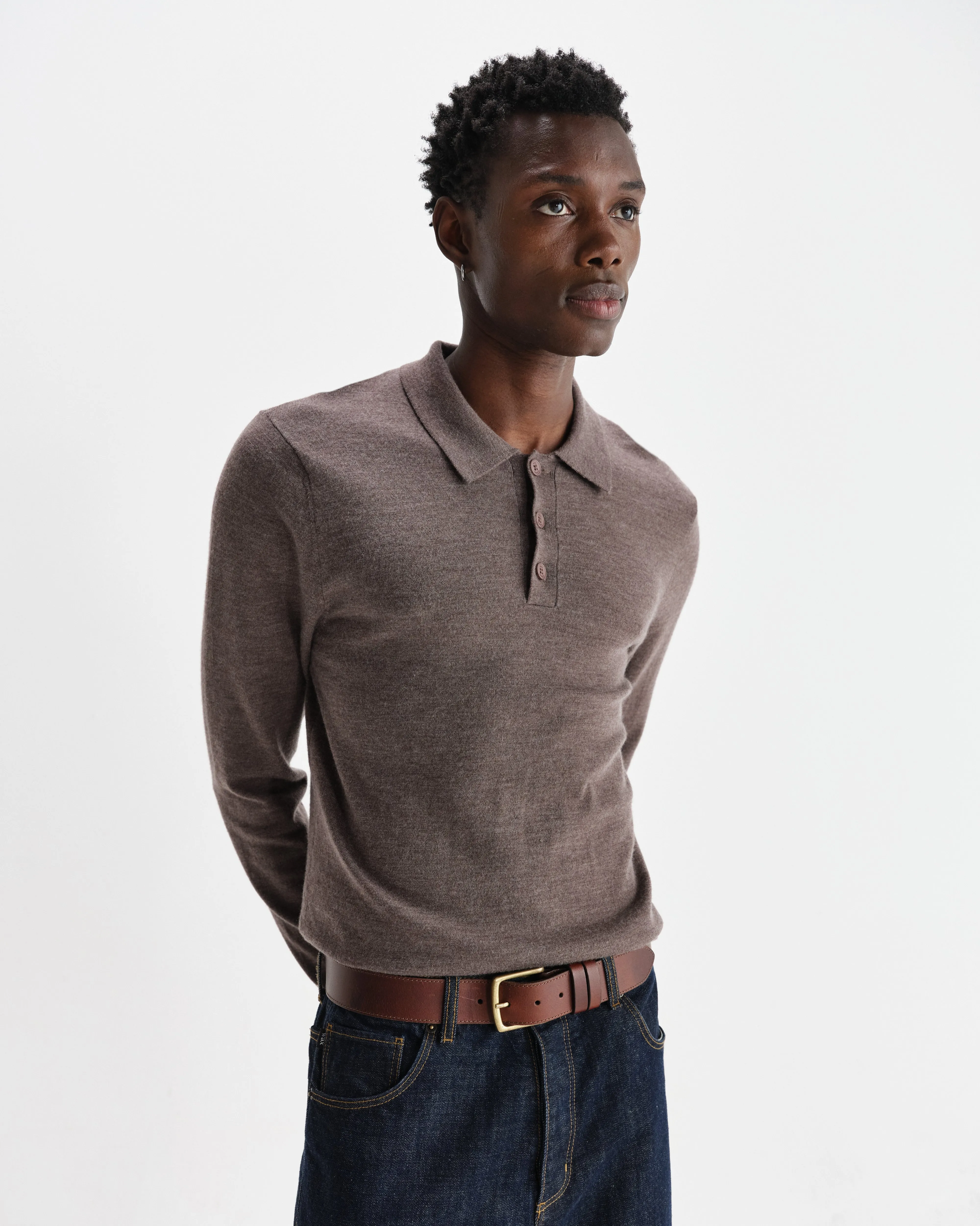 Oban - Brown Marl Worsted Wool Knitted Polo sold by Wax London product image thumbnail 2