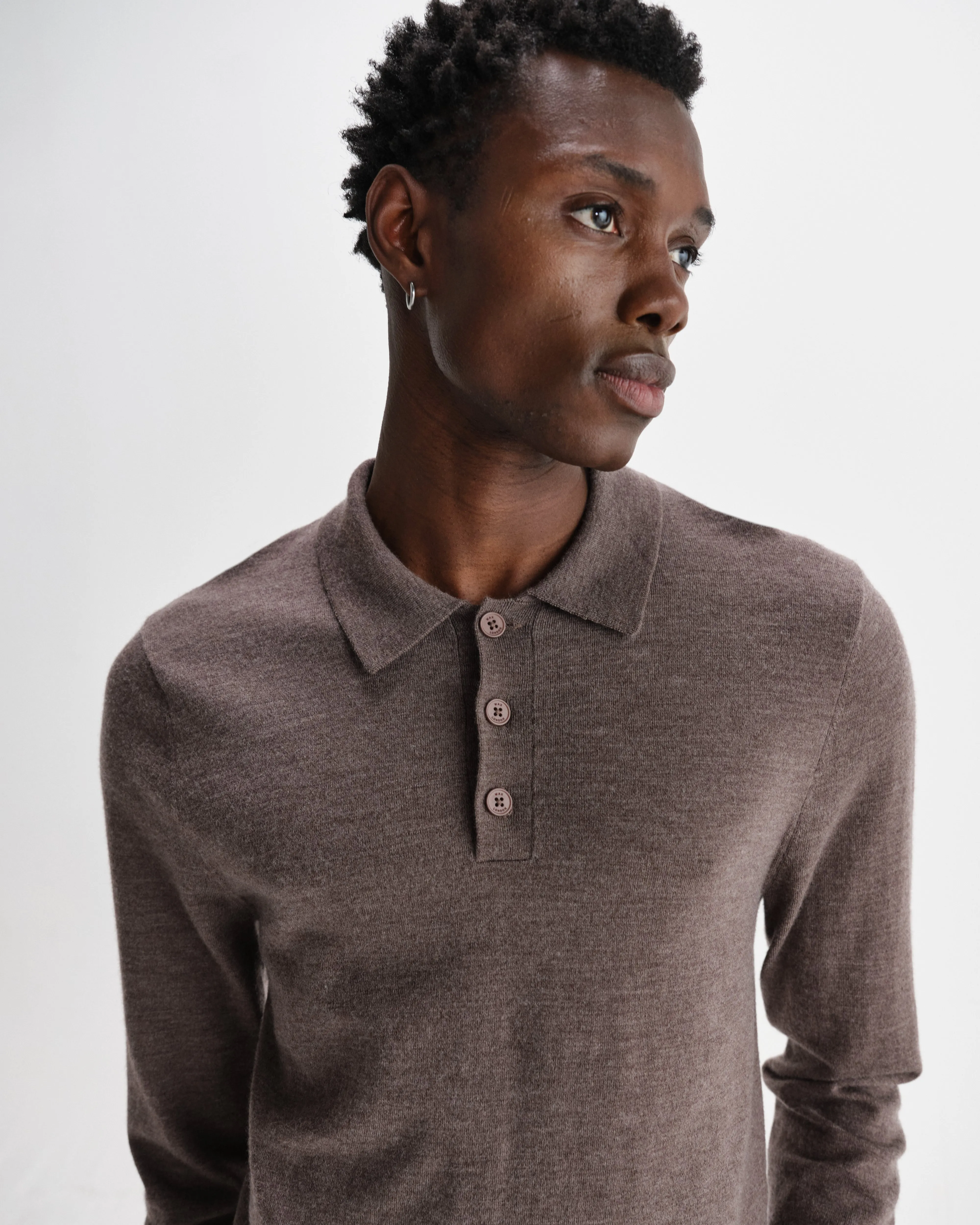 Oban - Brown Marl Worsted Wool Knitted Polo sold by Wax London product image thumbnail 3