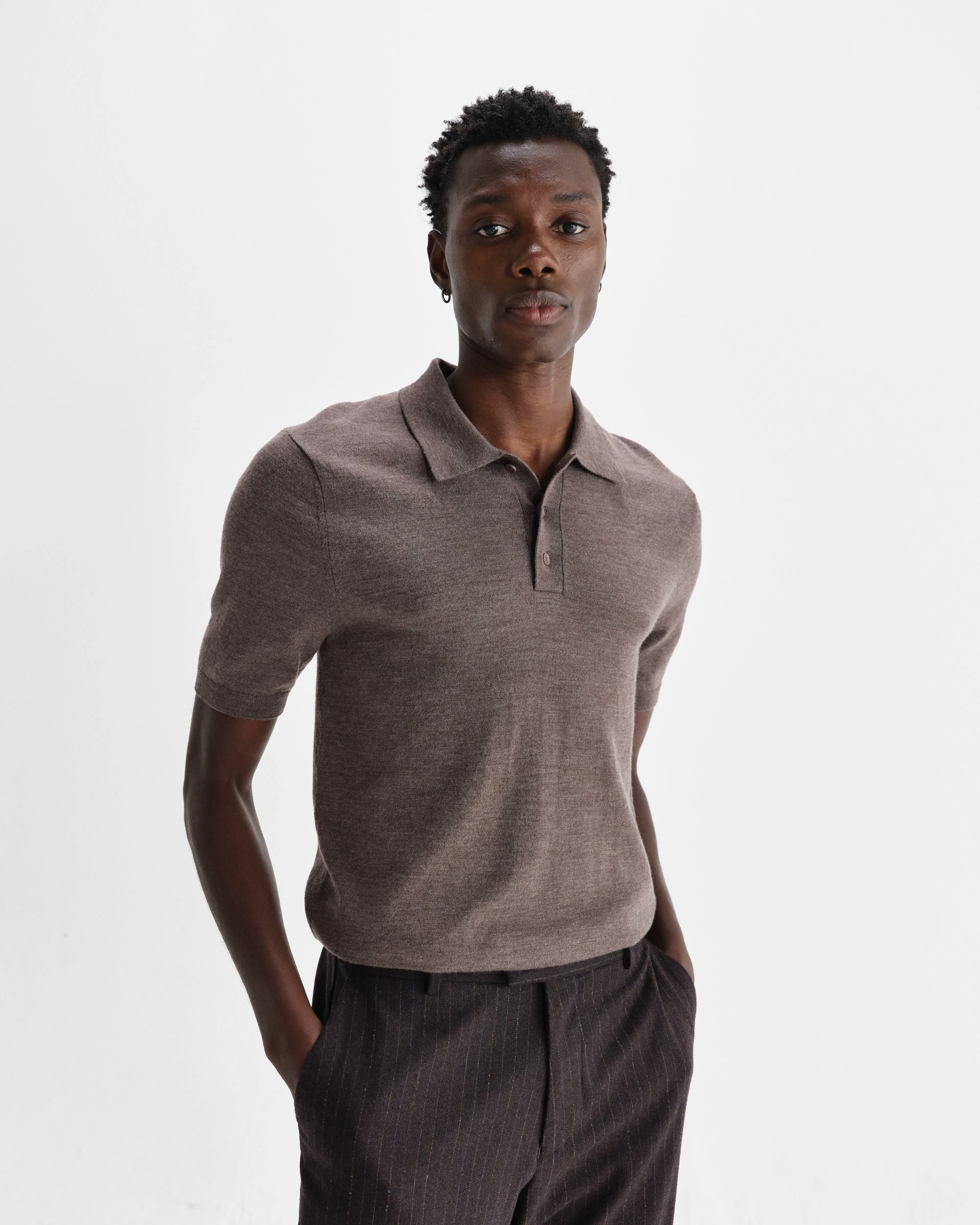 Naples - Brown Marl Worsted Wool Knitted Polo sold by Wax London product image thumbnail 2