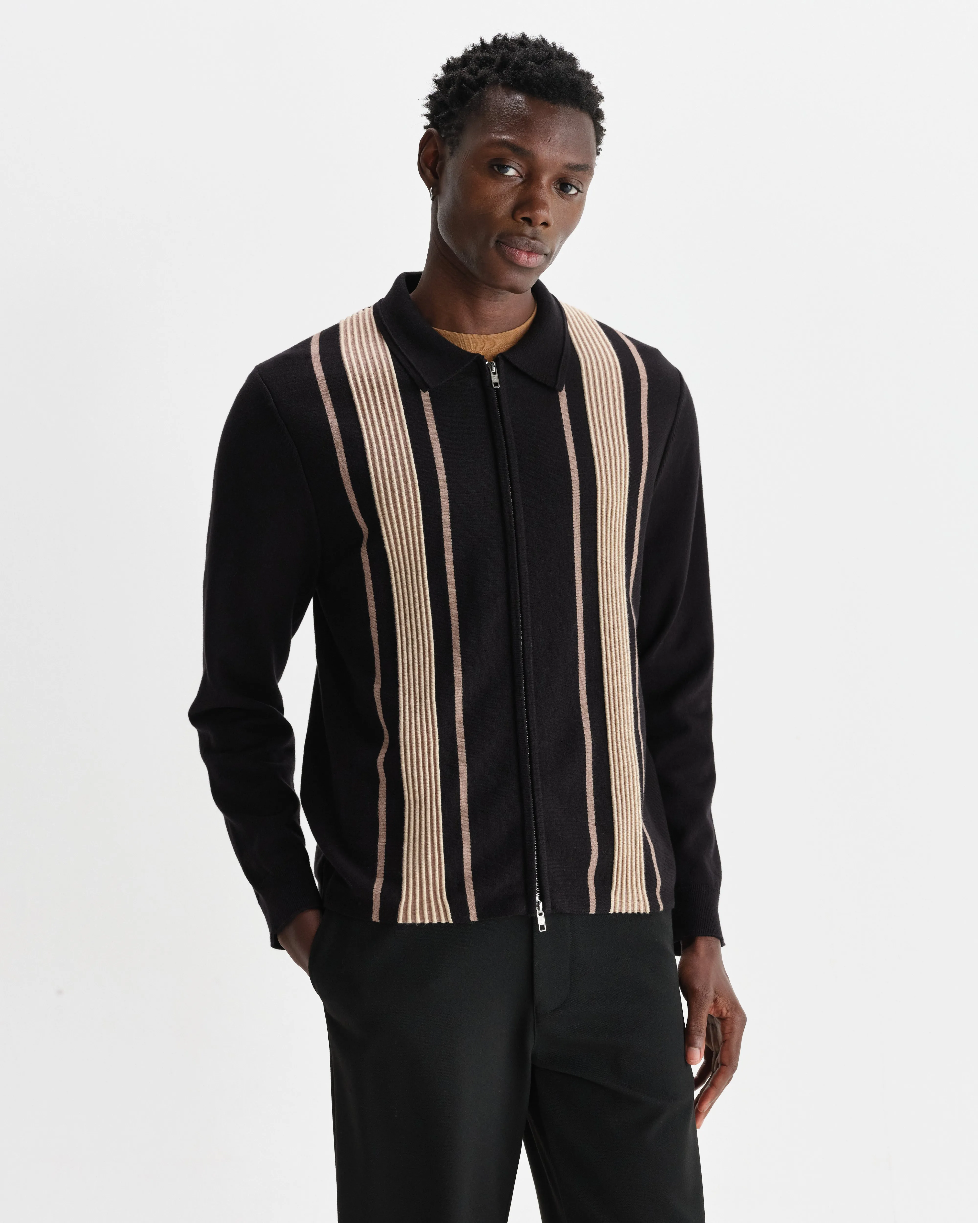 Lennox - Black And Beige Milano Stripe Knitted Polo sold by Wax London product image thumbnail 2