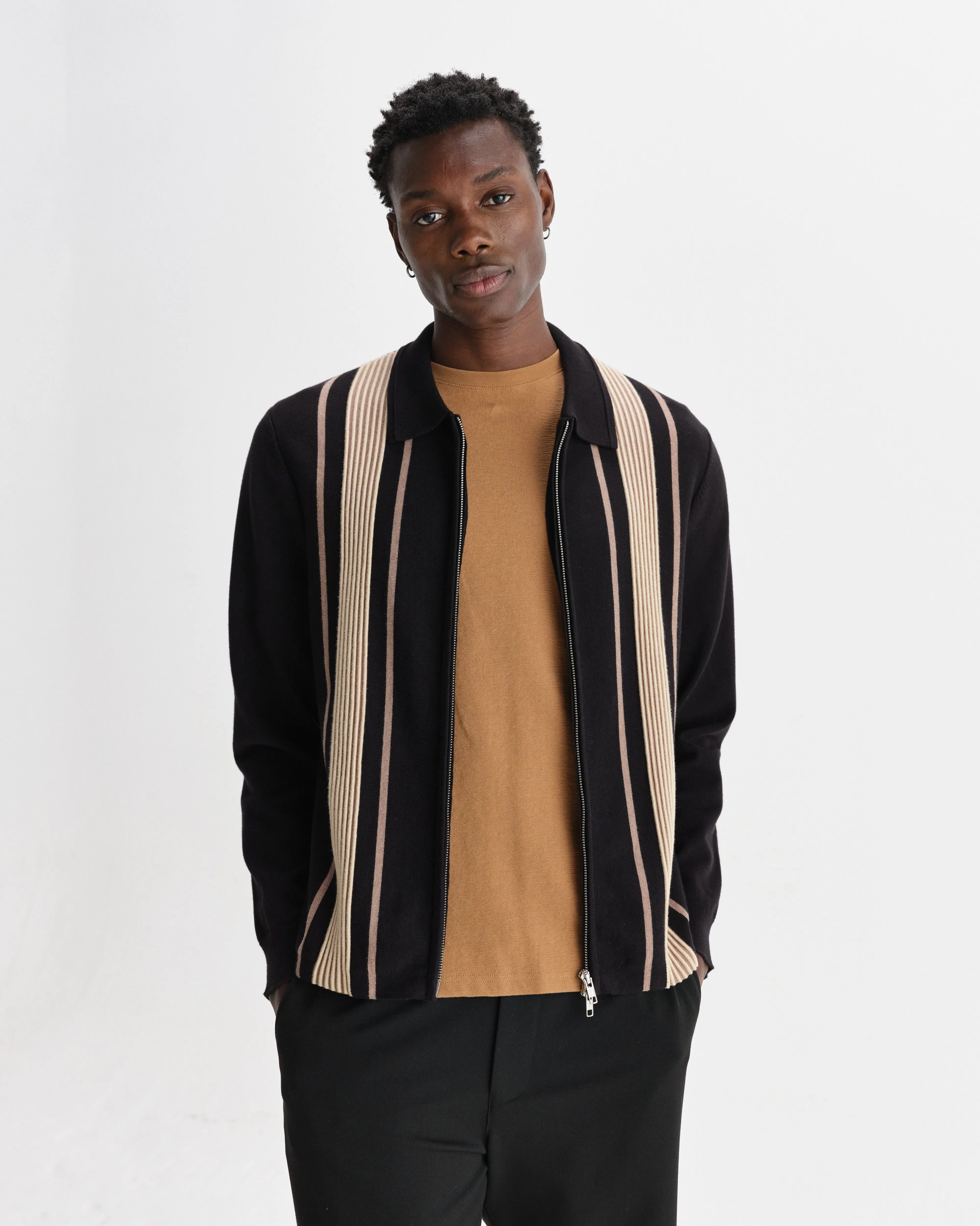 Lennox - Black And Beige Milano Stripe Knitted Polo sold by Wax London product image thumbnail 3