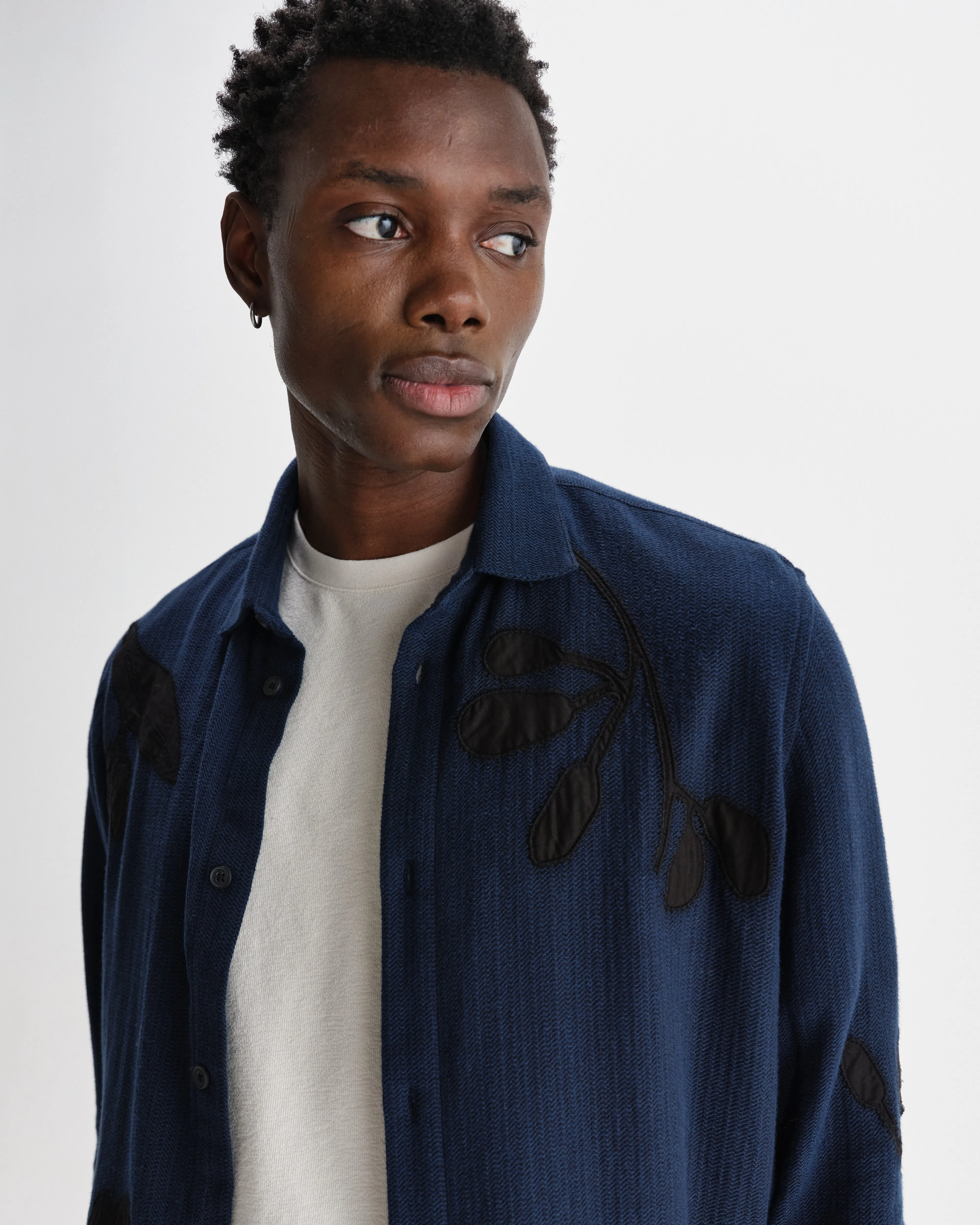 Halcomb - Navy Herringbone Cotton Applique Shirt sold by Wax London product image thumbnail 3
