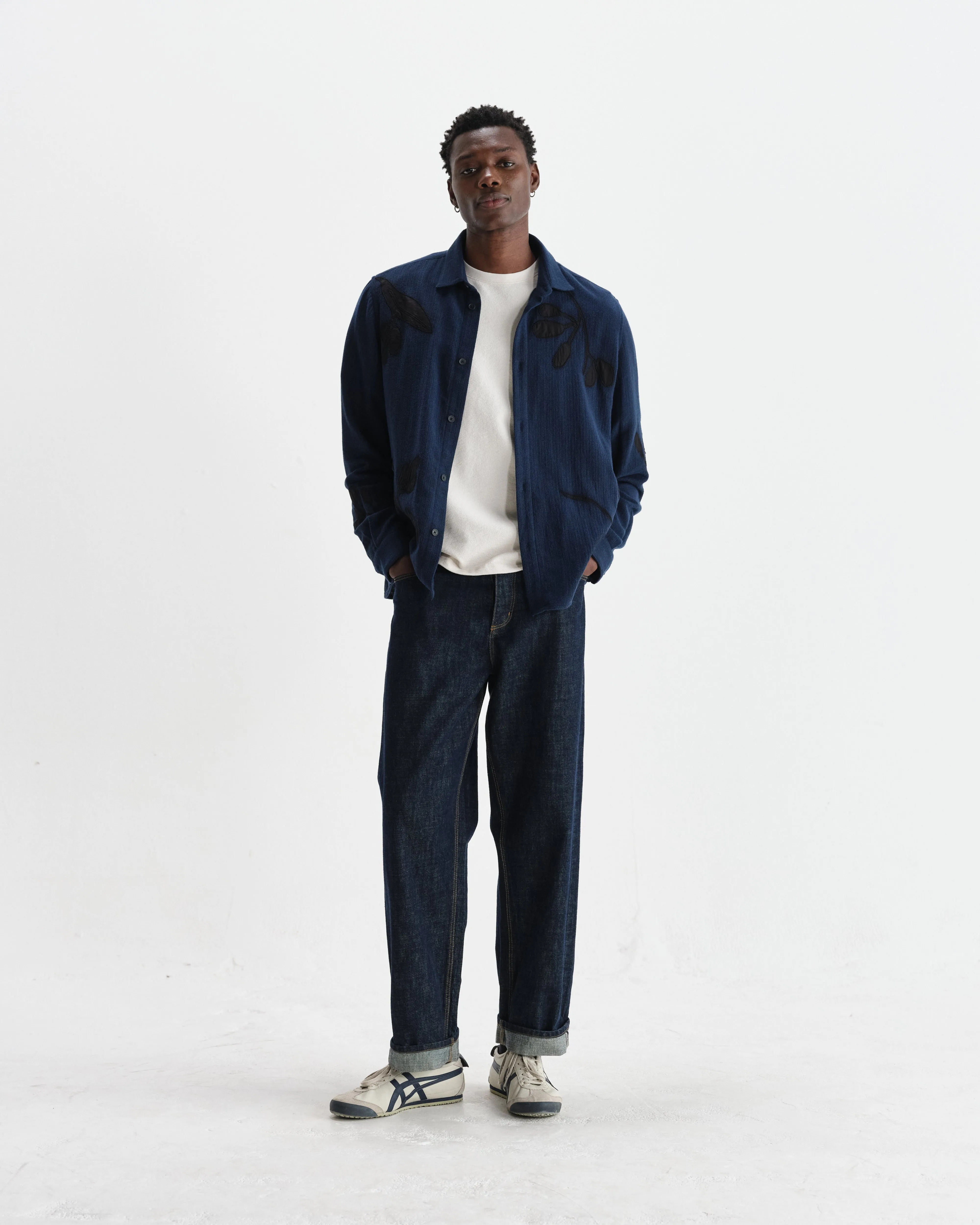 Halcomb - Navy Herringbone Cotton Applique Shirt sold by Wax London product image thumbnail 4