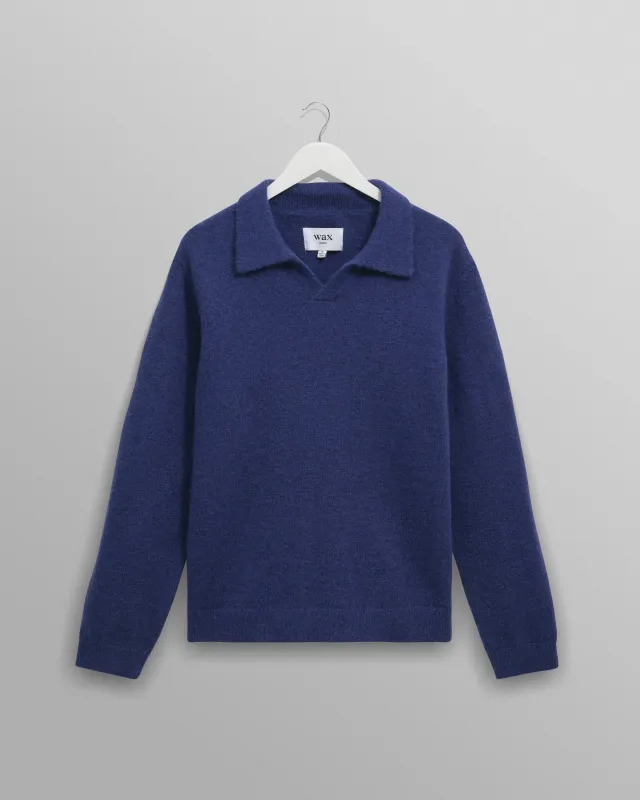 Carter - Blue Open Collar Fluffy Wool Knit Polo sold by Wax London