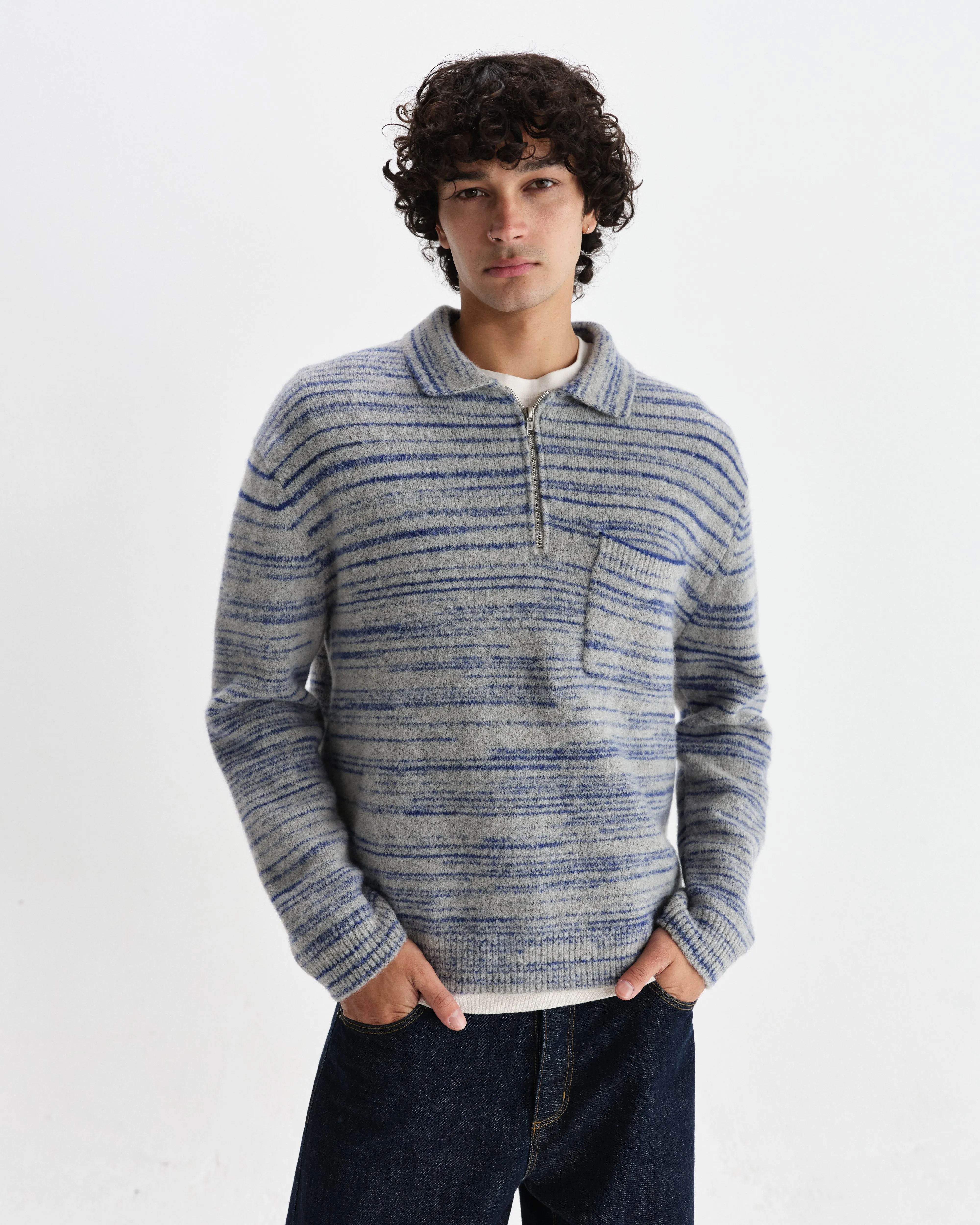 Alpha - Grey And Blue Space Dye Zip Polo sold by Wax London product image thumbnail 2