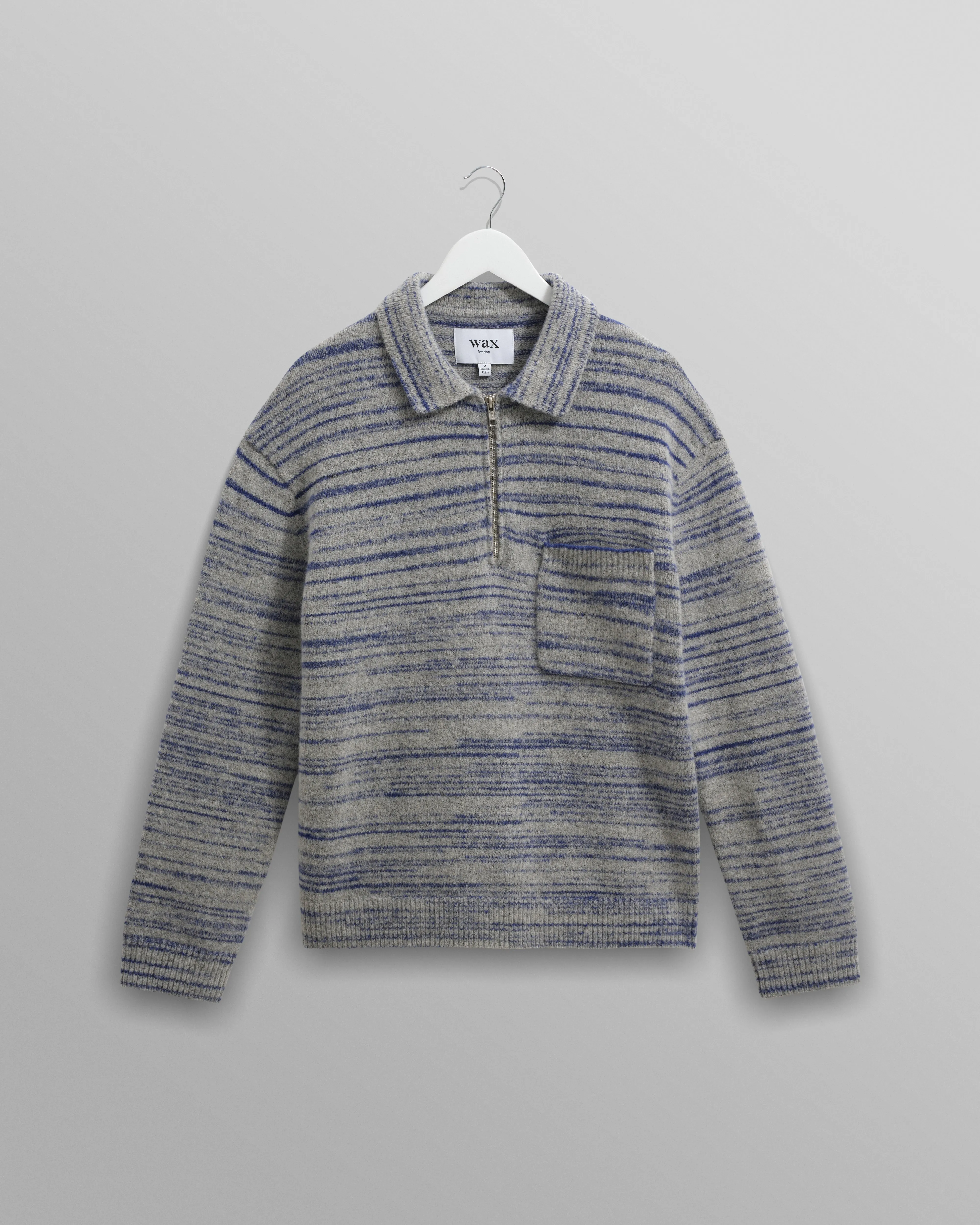 Alpha - Grey And Blue Space Dye Zip Polo sold by Wax London