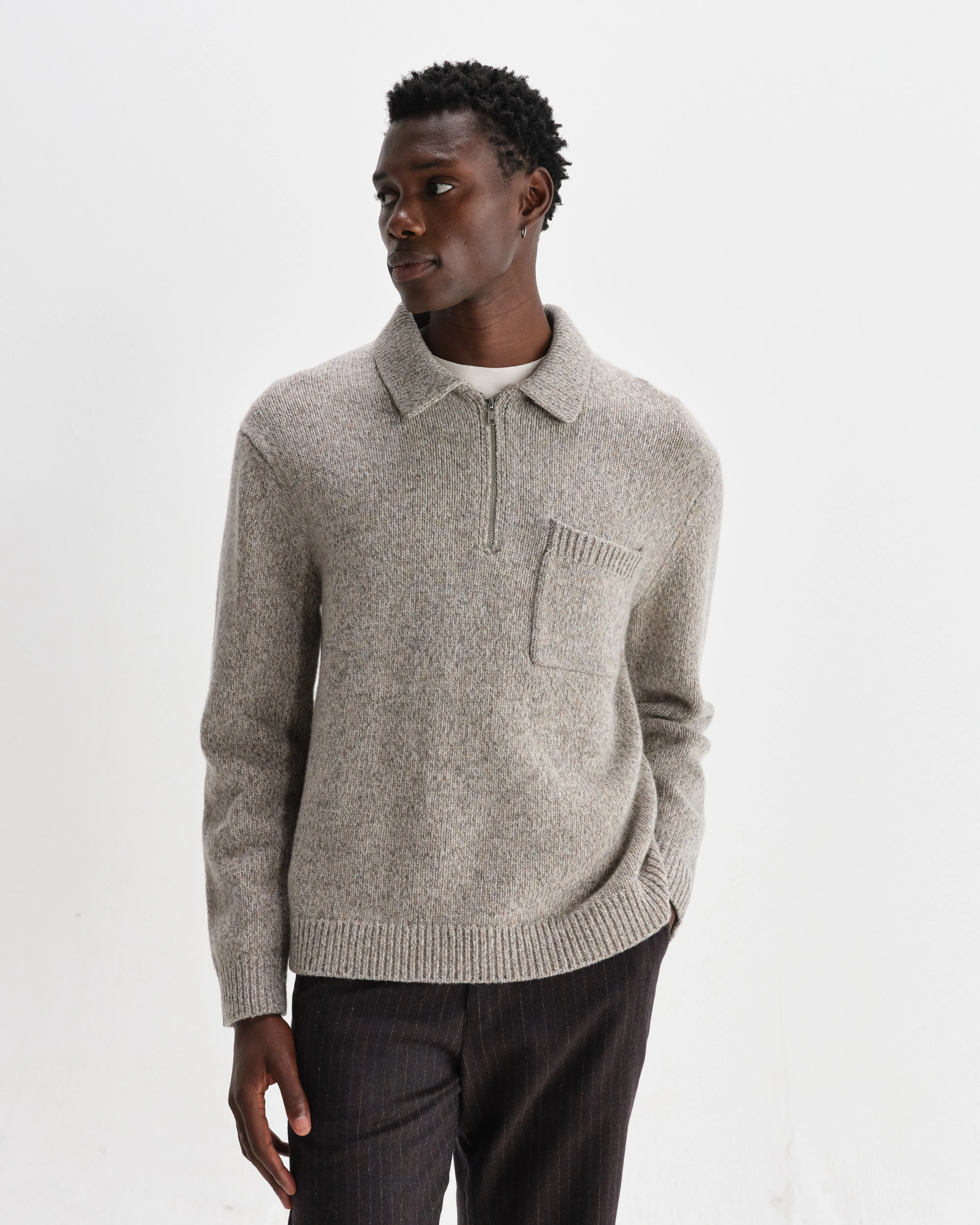 Alpha - Grey Plain Stitch Fleck-Wool Zip Polo sold by Wax London product image thumbnail 2