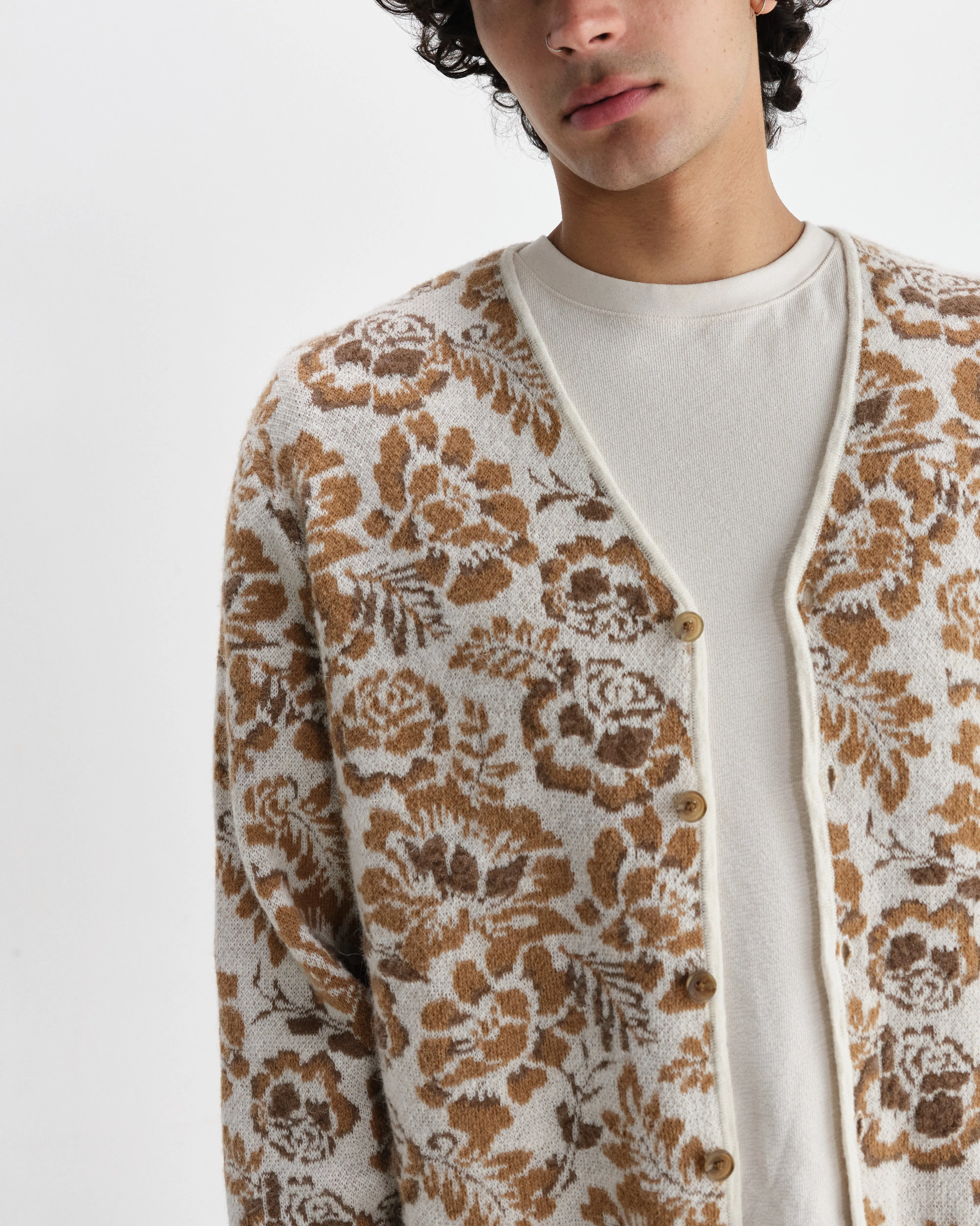 Alban - Natural And Brown Floral Textured Jacquard Cardigan sold by Wax London product image thumbnail 3
