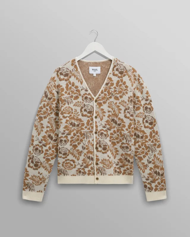 Alban - Natural And Brown Floral Textured Jacquard Cardigan sold by Wax London