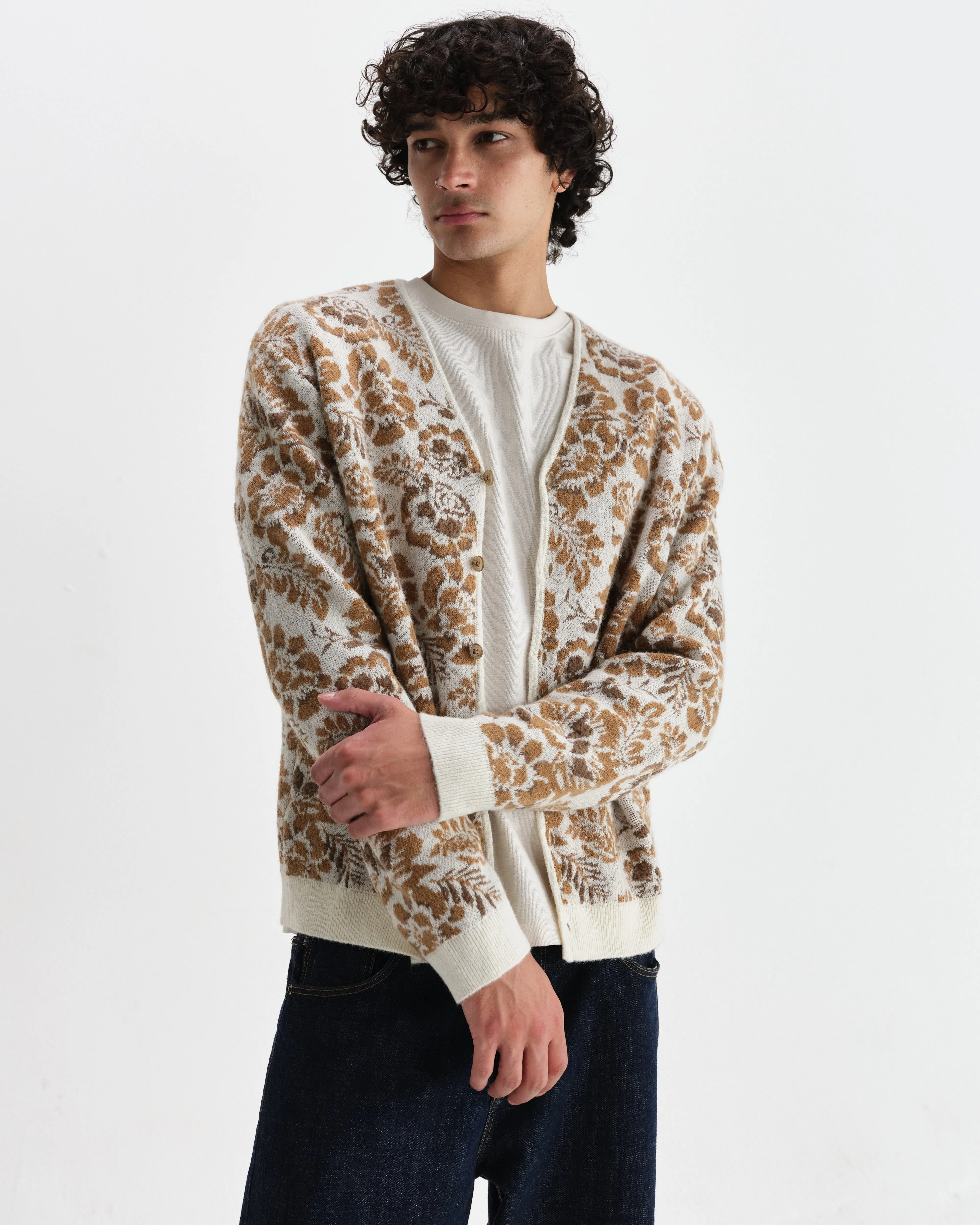 Alban - Natural And Brown Floral Textured Jacquard Cardigan sold by Wax London product image thumbnail 2