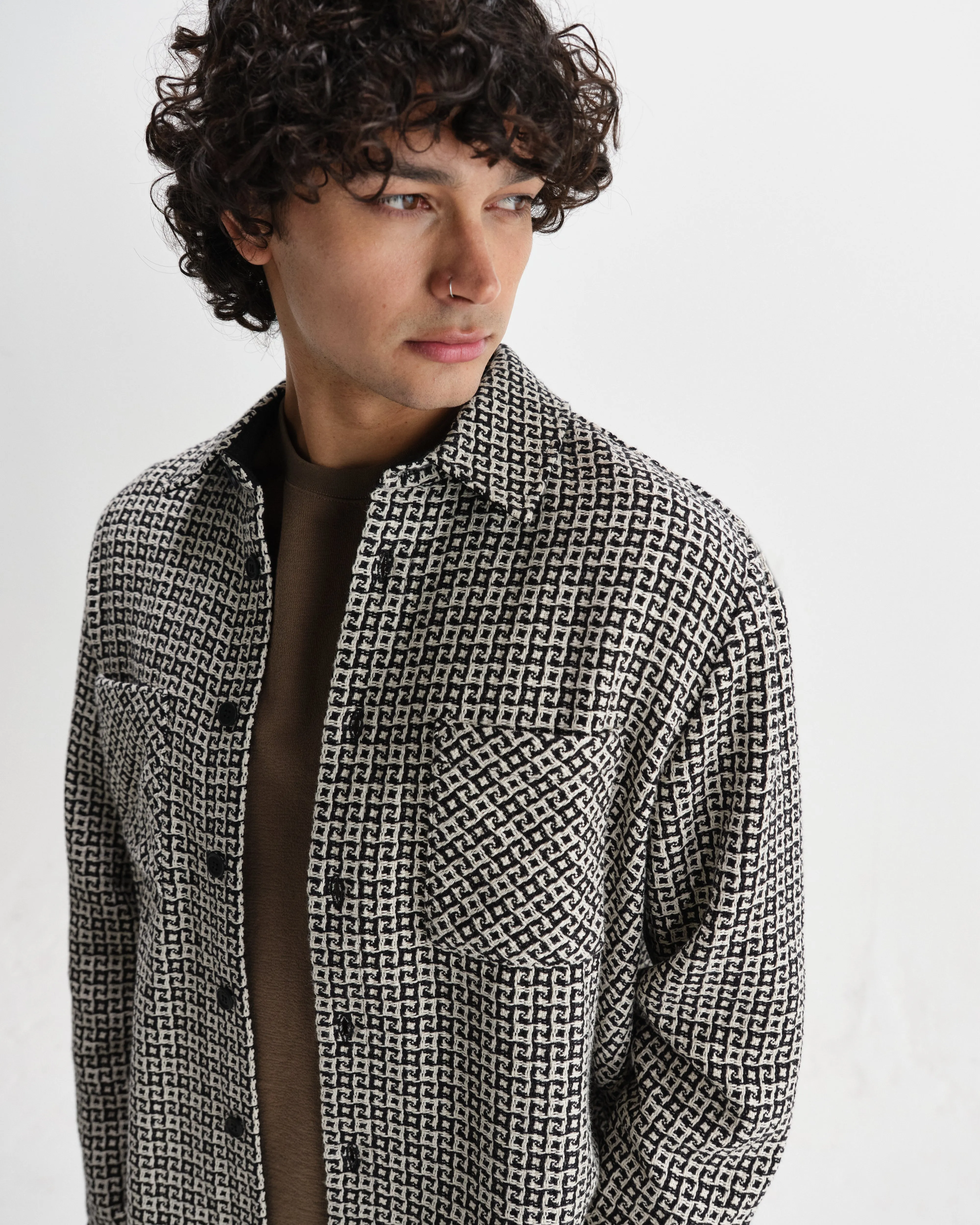 Whiting - Black And Ecru Dizzy Weave Overshirt sold by Wax London product image thumbnail 3