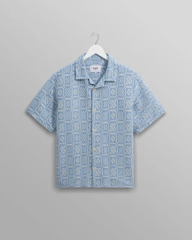 Didcot - Blue And Ecru Geo Dobby Short-Sleeve Shirt sold by Wax London