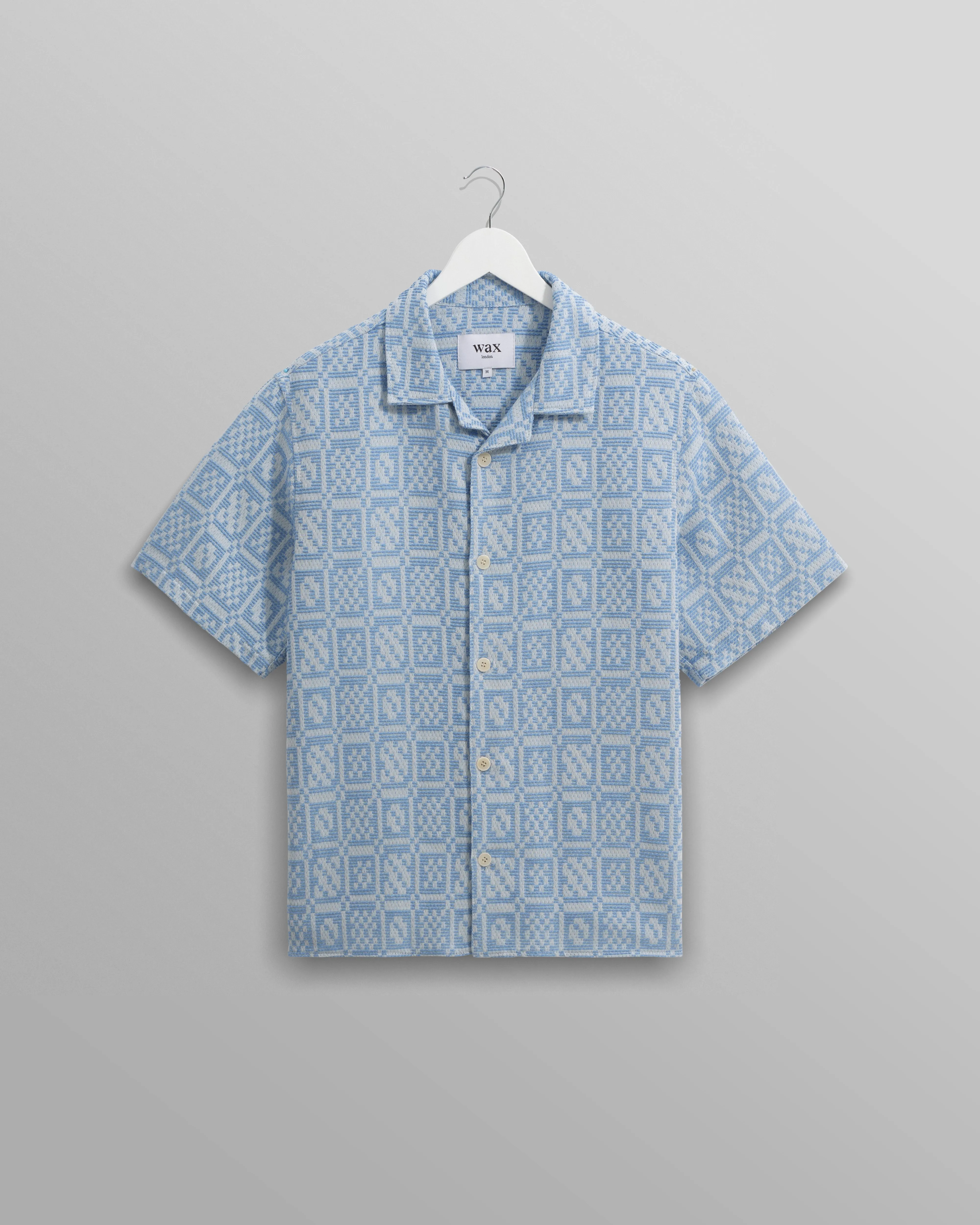 Didcot - Blue And Ecru Geo Dobby Short-Sleeve Shirt sold by Wax London