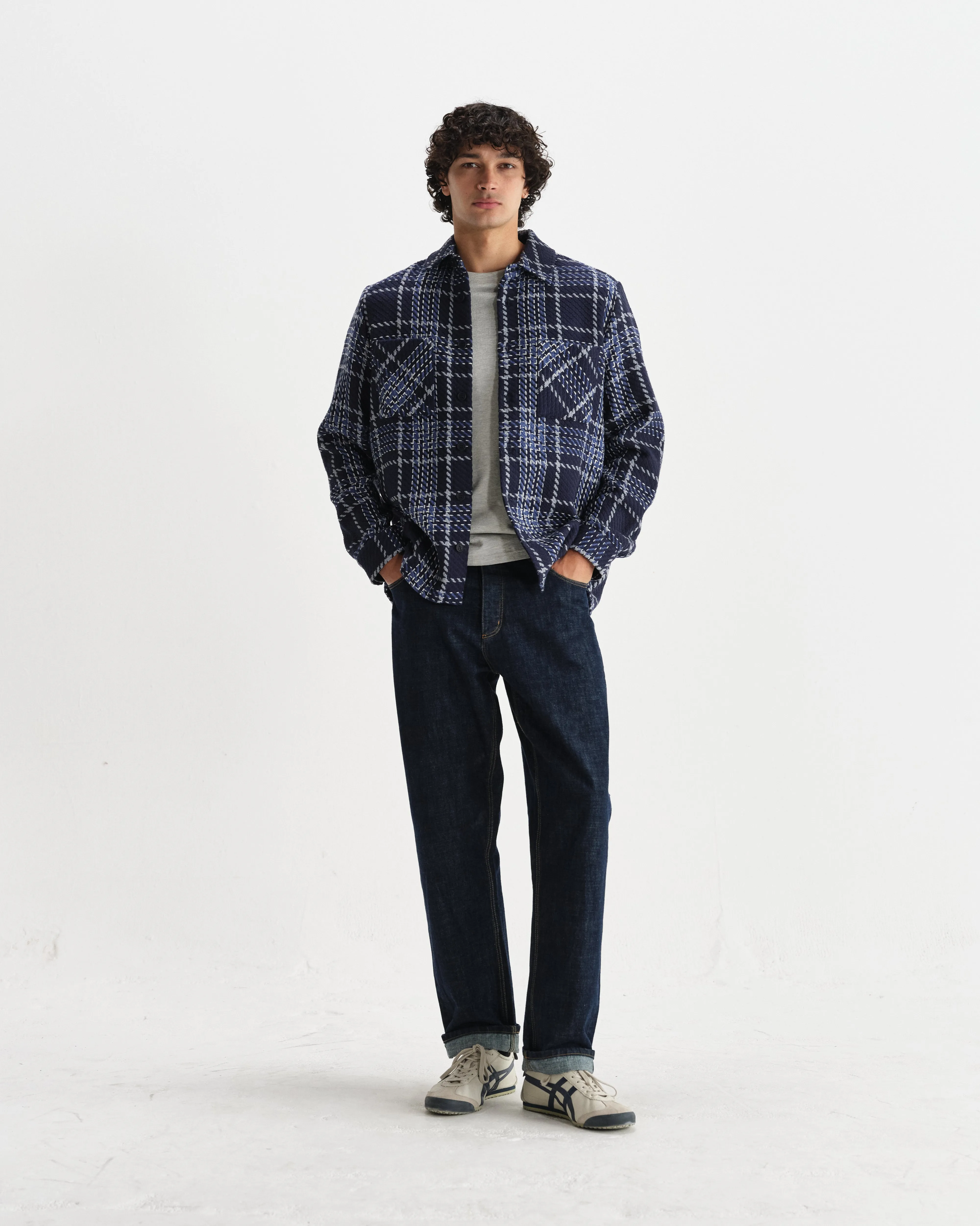 Whiting - Navy And Grey Wave Check Overshirt sold by Wax London product image thumbnail 4