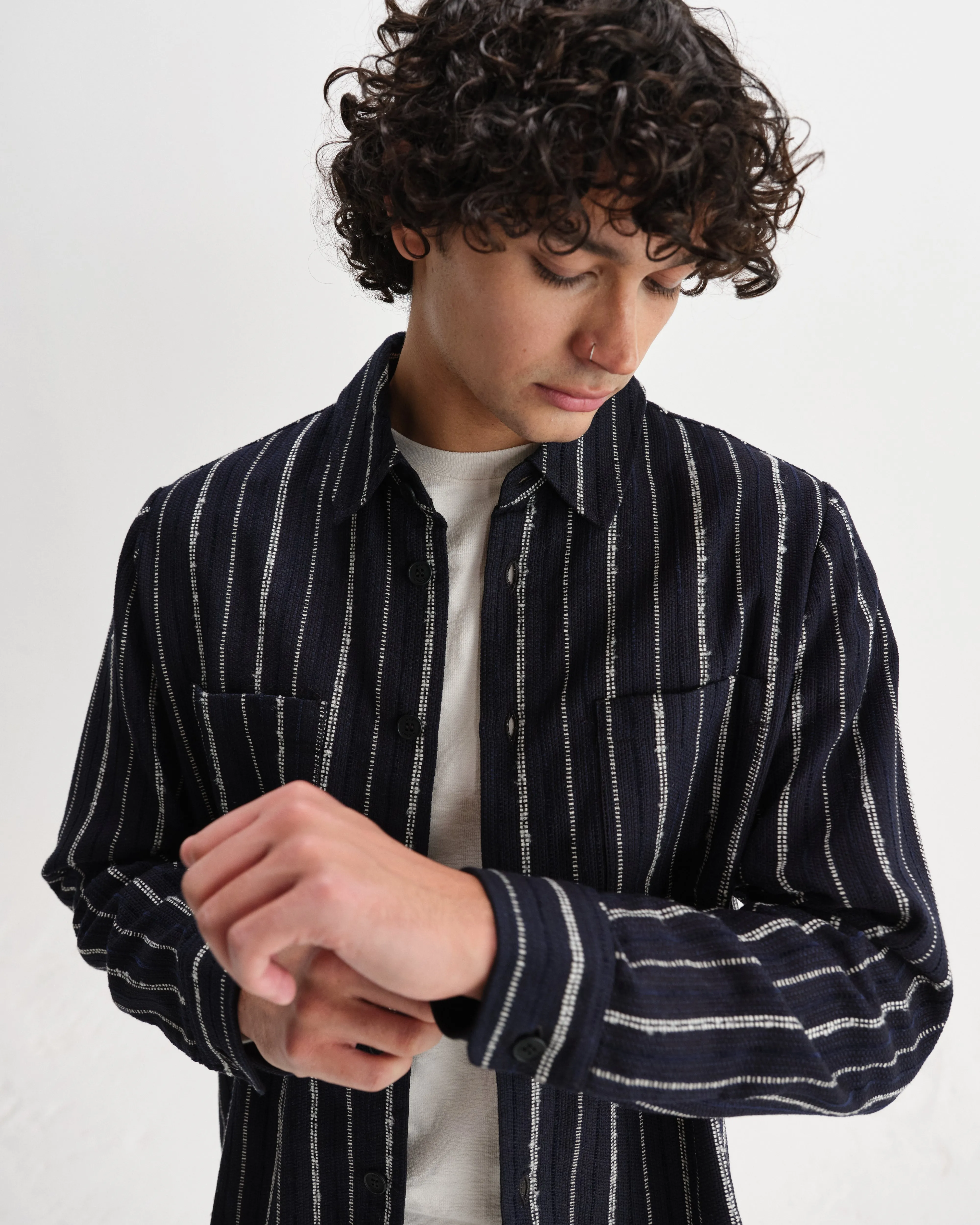 Whiting - Black And Ecru Radical Stripe Overshirt sold by Wax London product image thumbnail 3