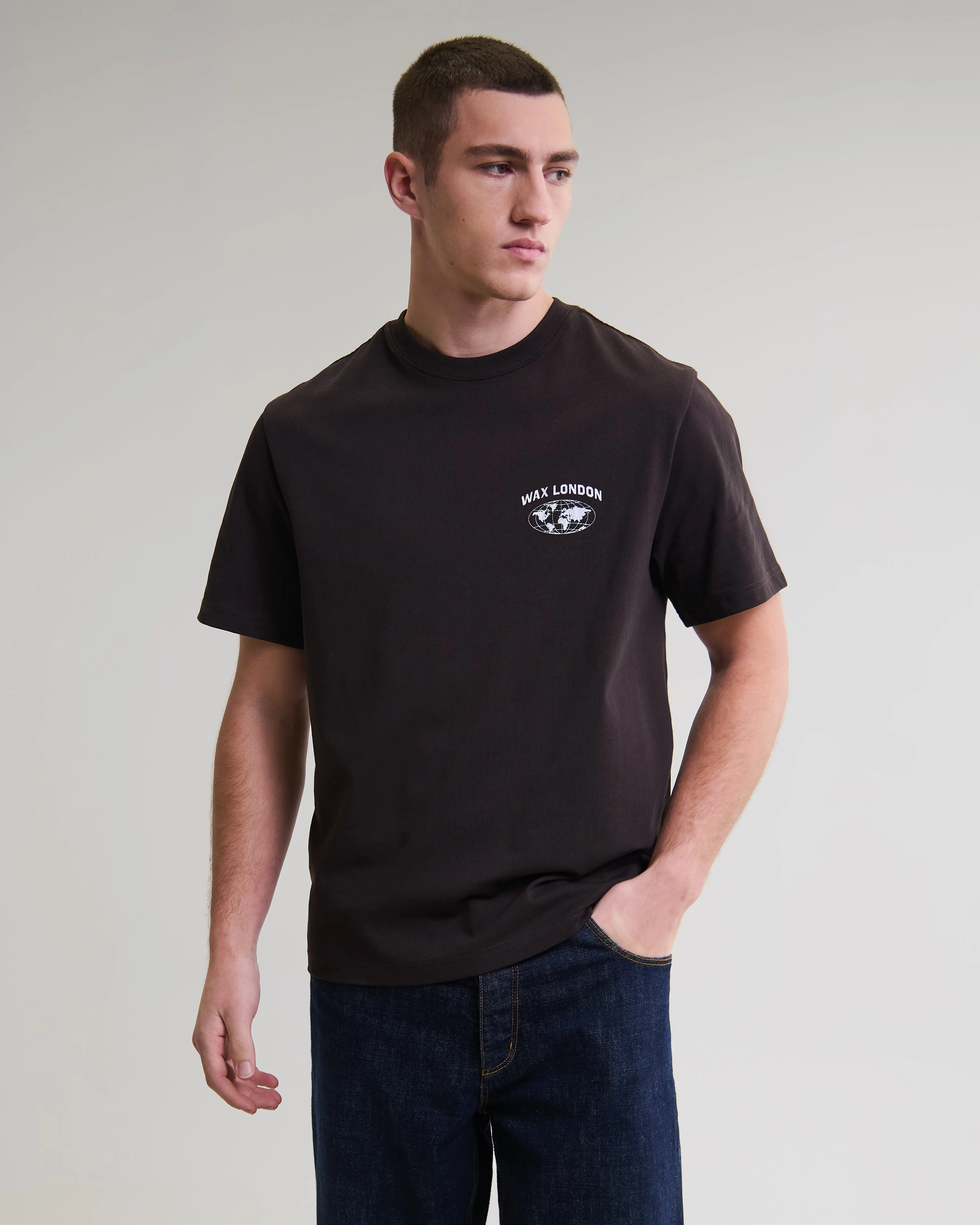 Dean - Brown And Off-White Globe Graphic Cotton T-Shirt sold by Wax London product image thumbnail 3