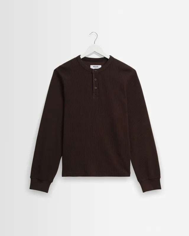 Halton - Dark Brown Waffle Long-Sleeve Henley T-Shirt made by Wax London