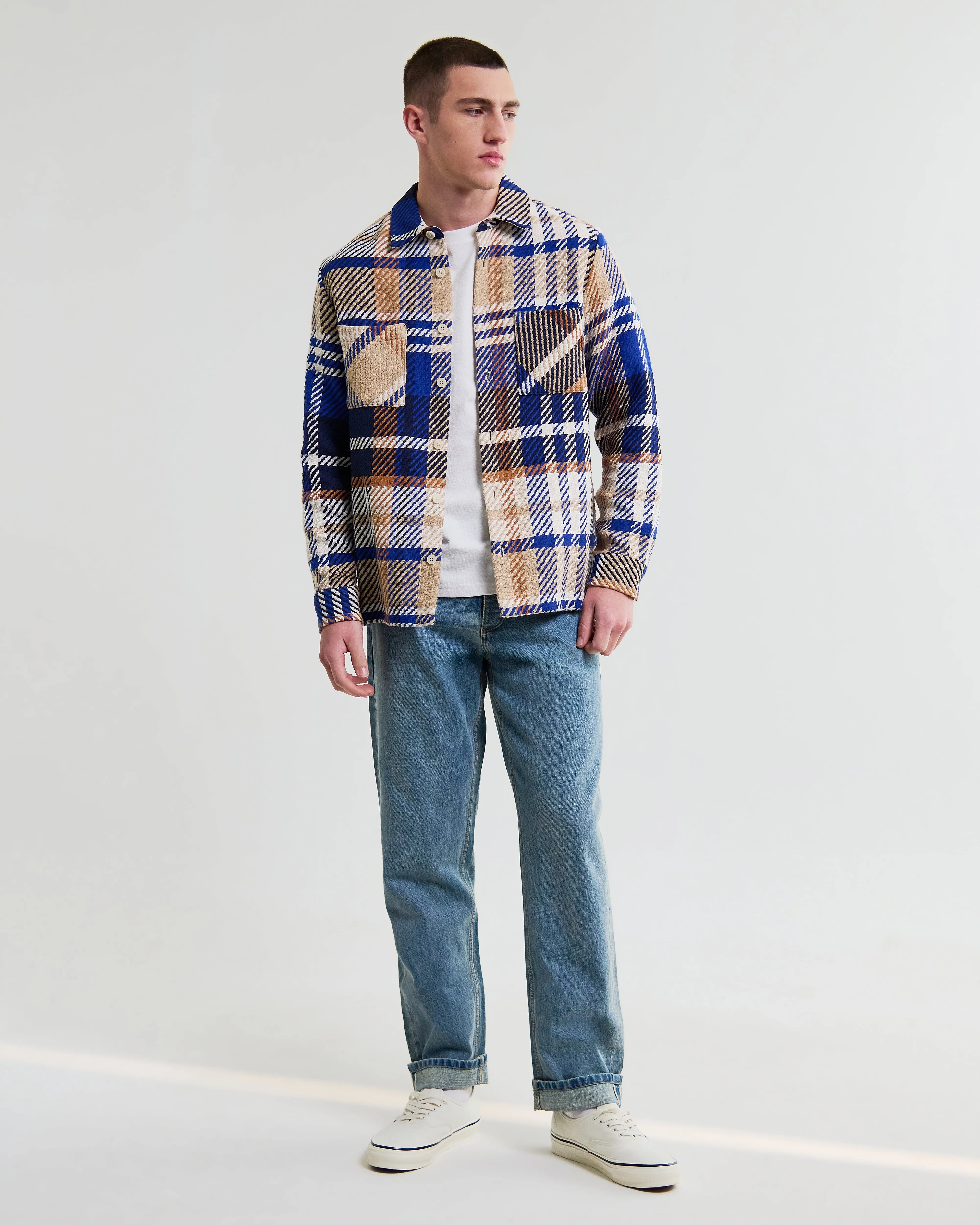 Whiting - Blue And Tan Bold Check Overshirt sold by Wax London product image thumbnail 3