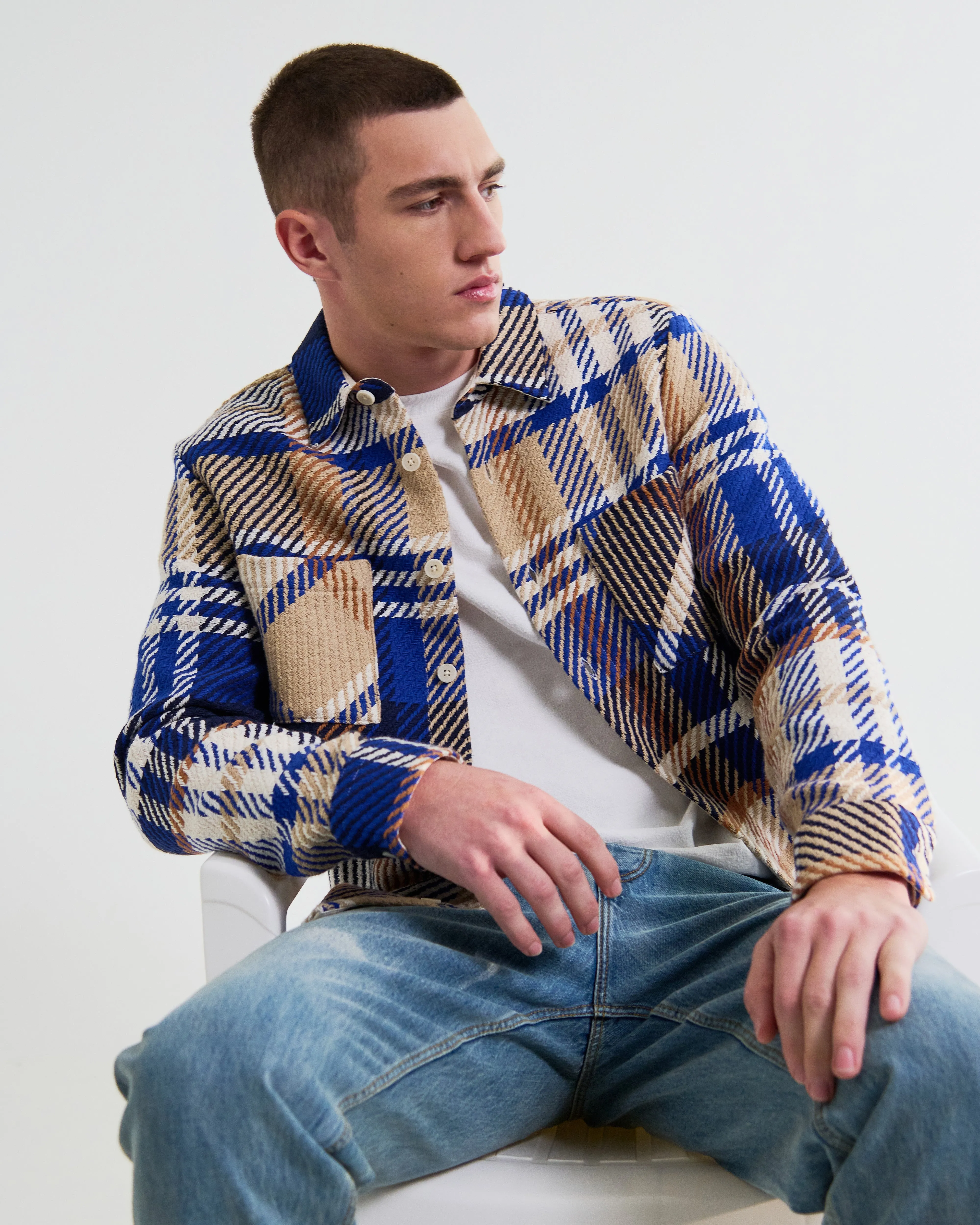 Whiting - Blue And Tan Bold Check Overshirt sold by Wax London product image thumbnail 2
