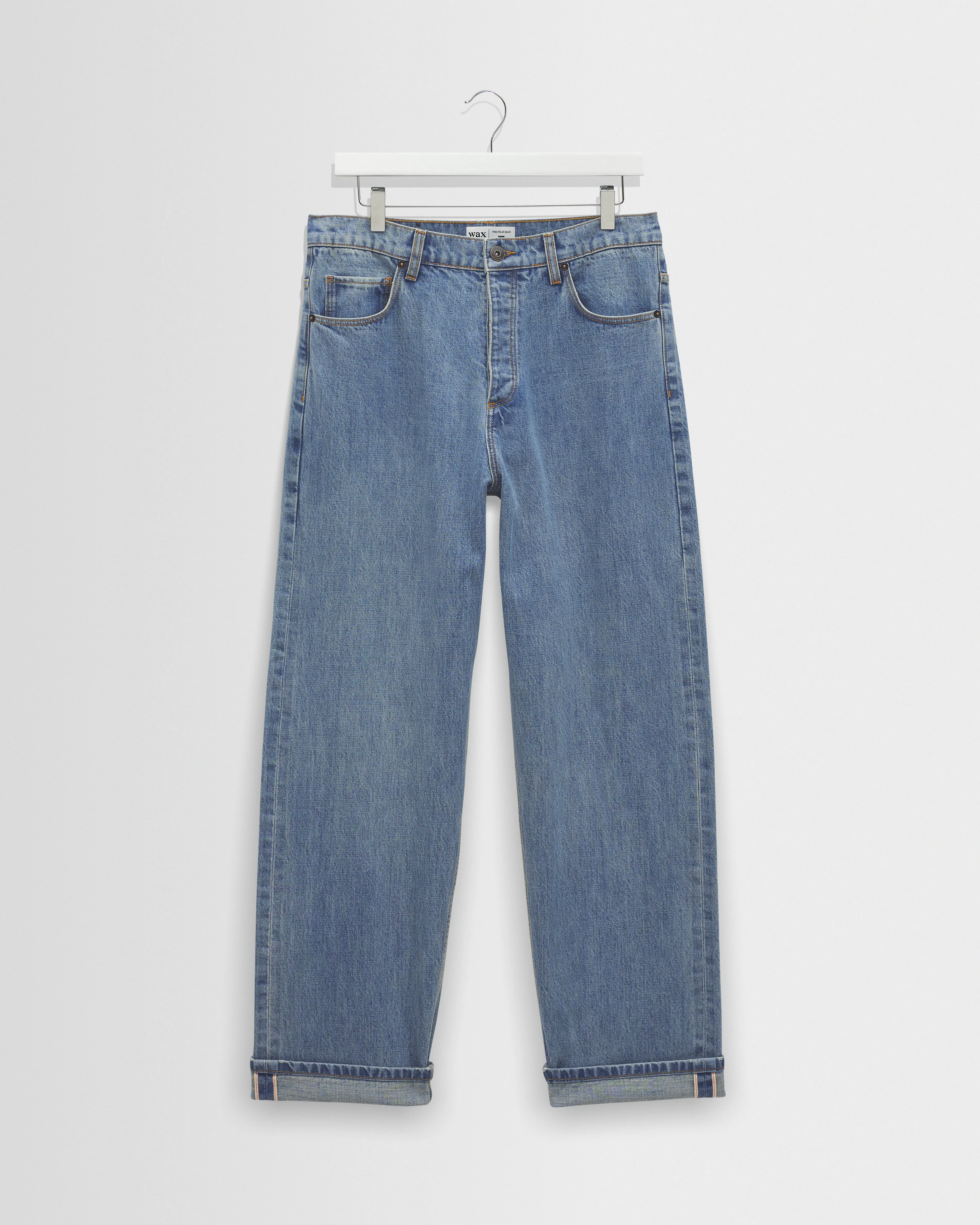 Felix - Blue Wash Selvedge Loose Fit Denim Jeans sold by Wax London