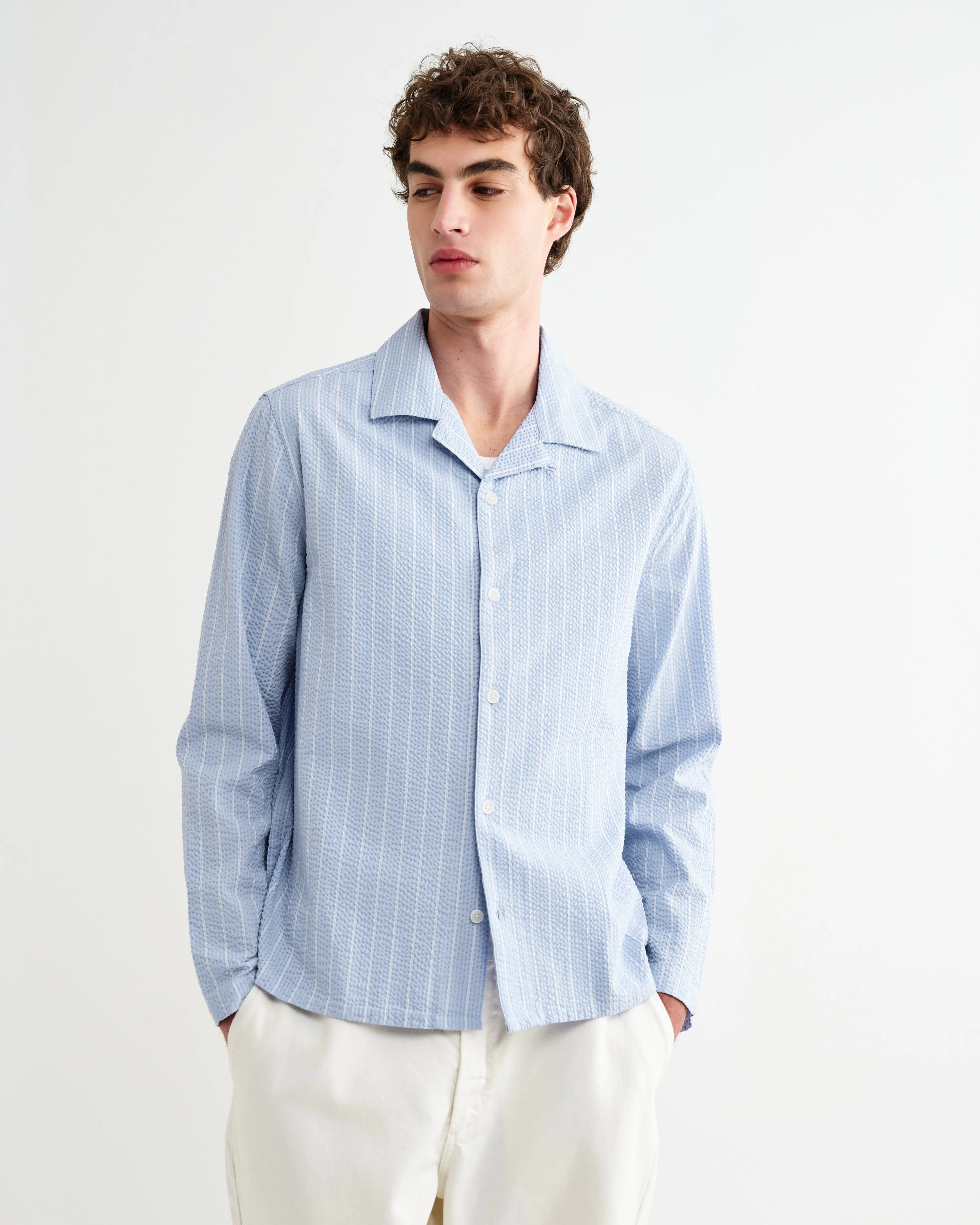Corey - Blue And Ecru Seersucker-Cotton Stripe Shirt sold by Wax London product image thumbnail 4