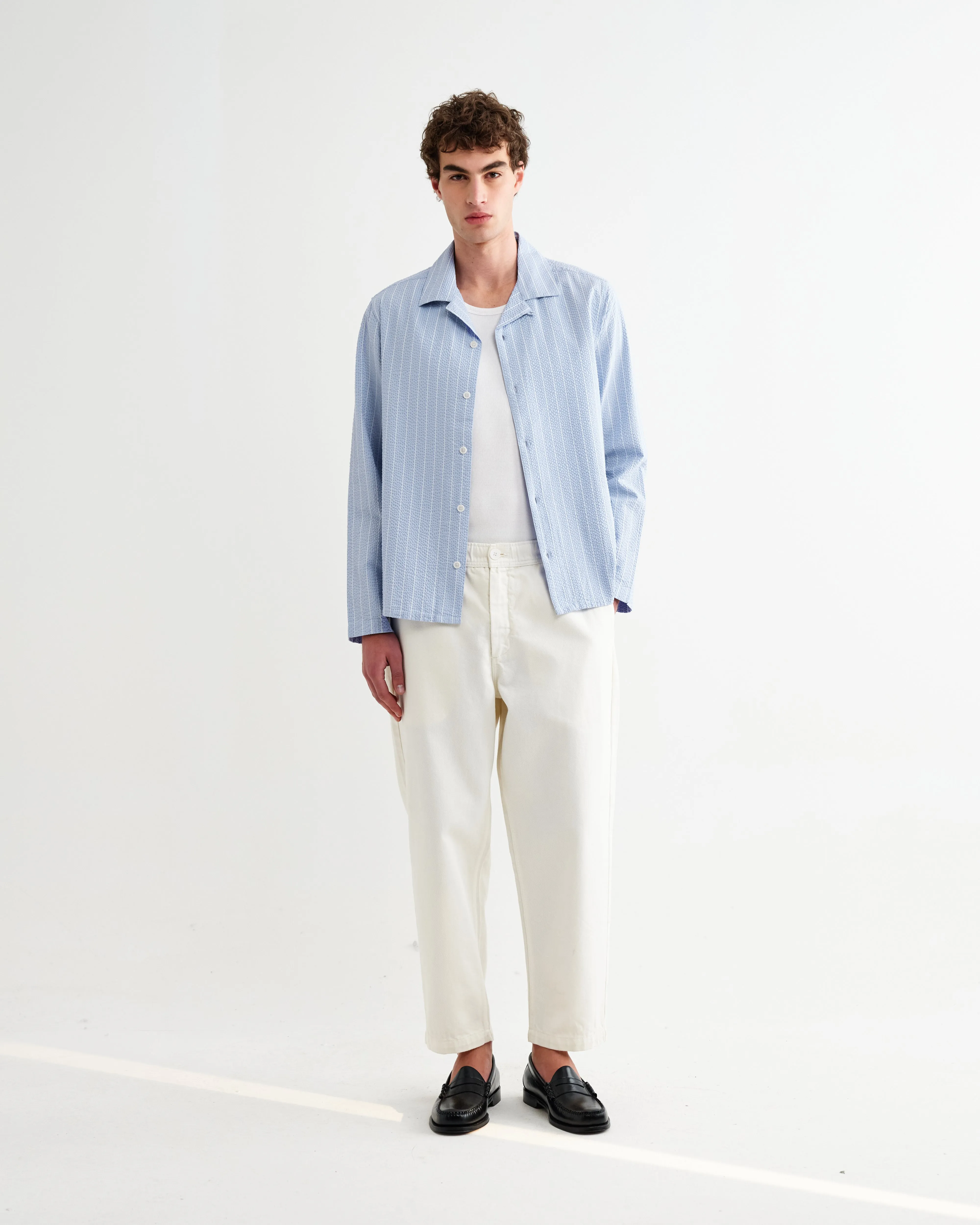 Corey - Blue And Ecru Seersucker-Cotton Stripe Shirt sold by Wax London product image thumbnail 5