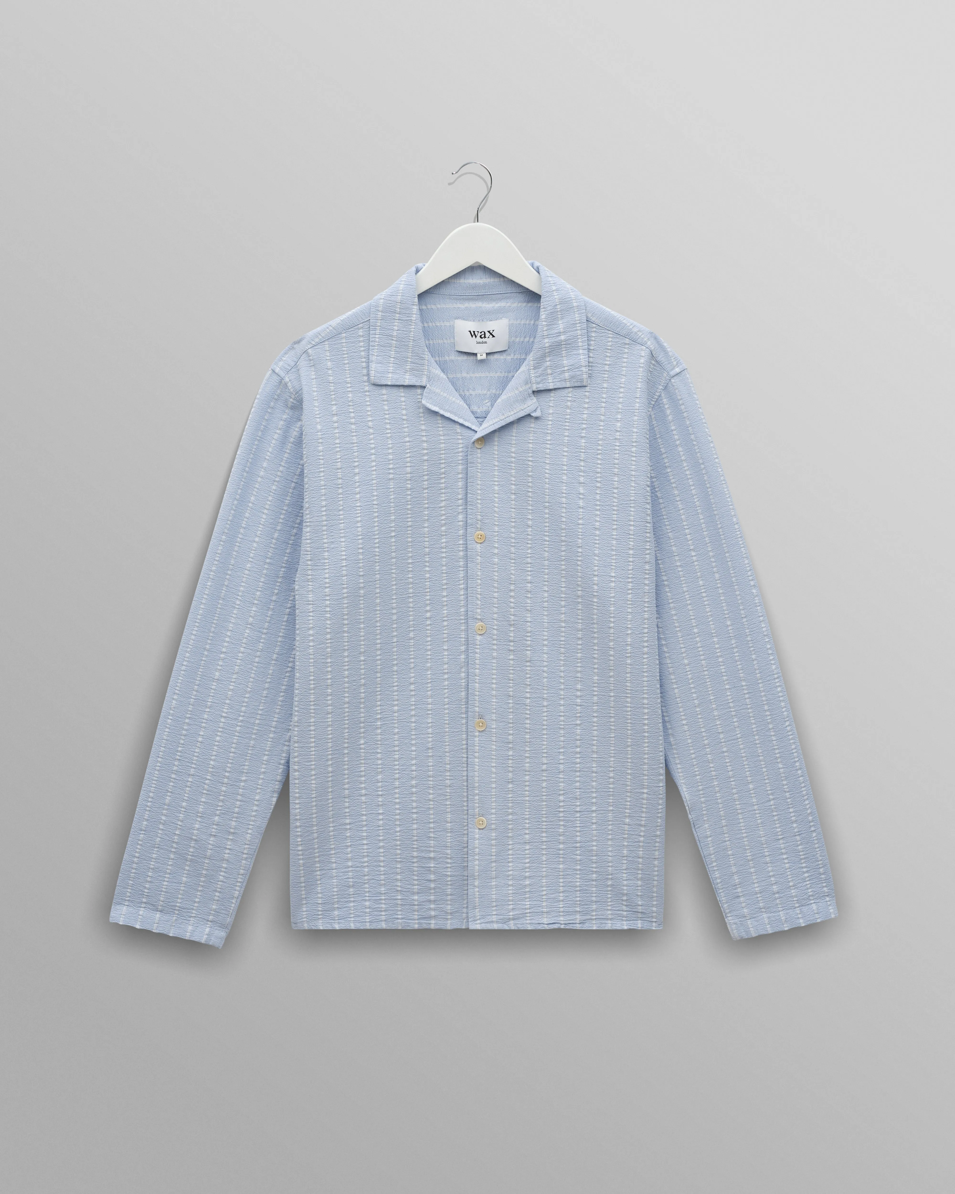 Corey - Blue And Ecru Seersucker-Cotton Stripe Shirt sold by Wax London