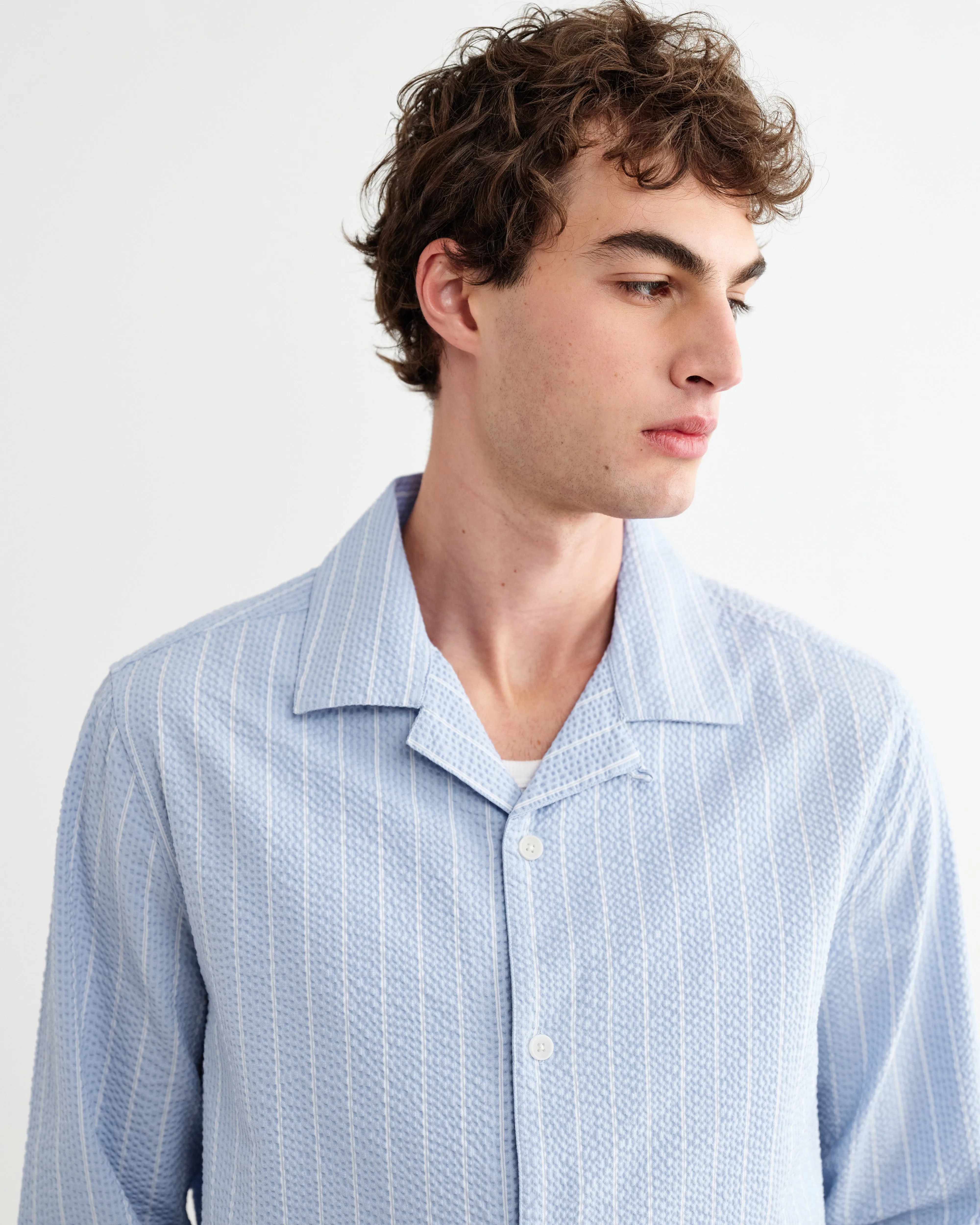 Corey - Blue And Ecru Seersucker-Cotton Stripe Shirt sold by Wax London product image thumbnail 3