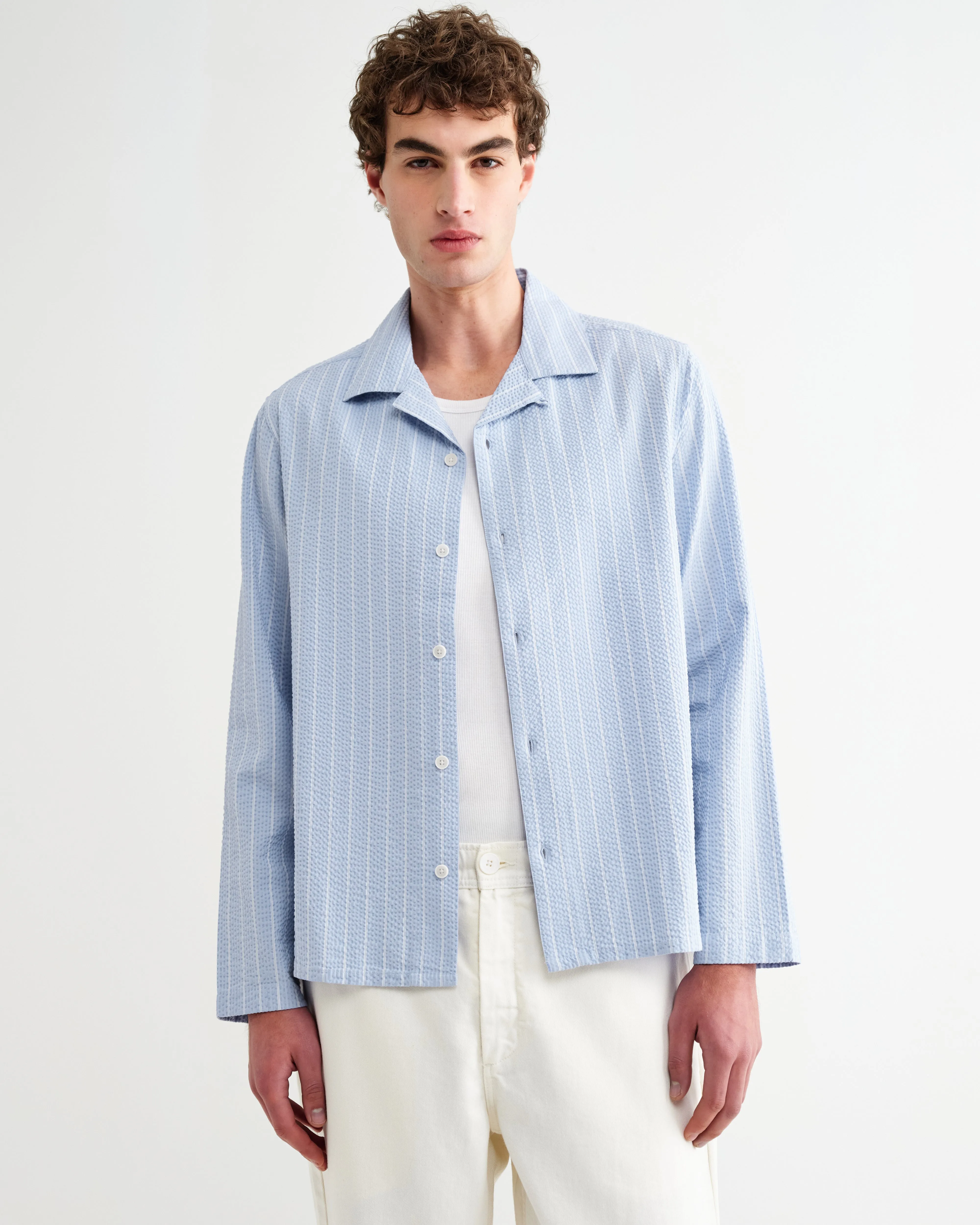 Corey - Blue And Ecru Seersucker-Cotton Stripe Shirt sold by Wax London product image thumbnail 2