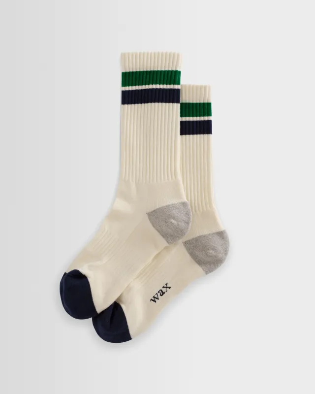 Thorpe - Ecru And Green Block Stripe Sports Socks made by Wax London
