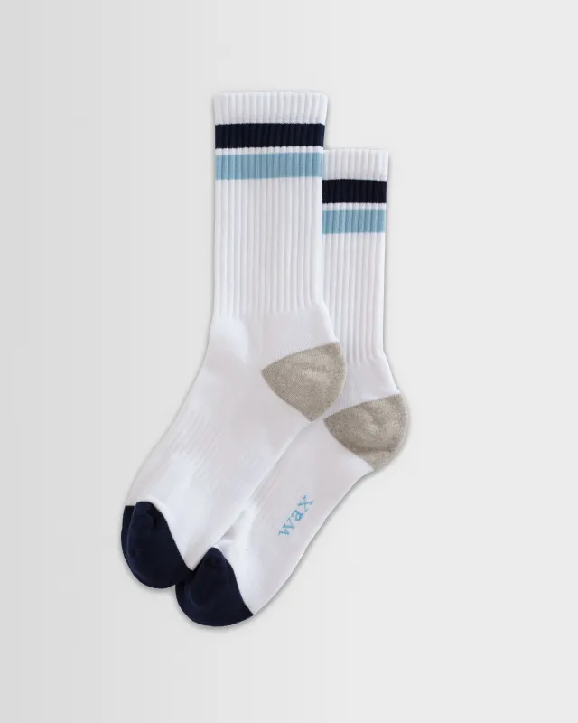 Thorpe - White And Navy Block Stripe Sports Socks made by Wax London