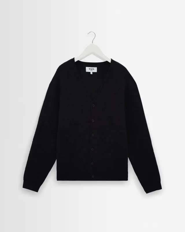 Alban - Navy And Black Floral Jacquard Cardigan made by Wax London