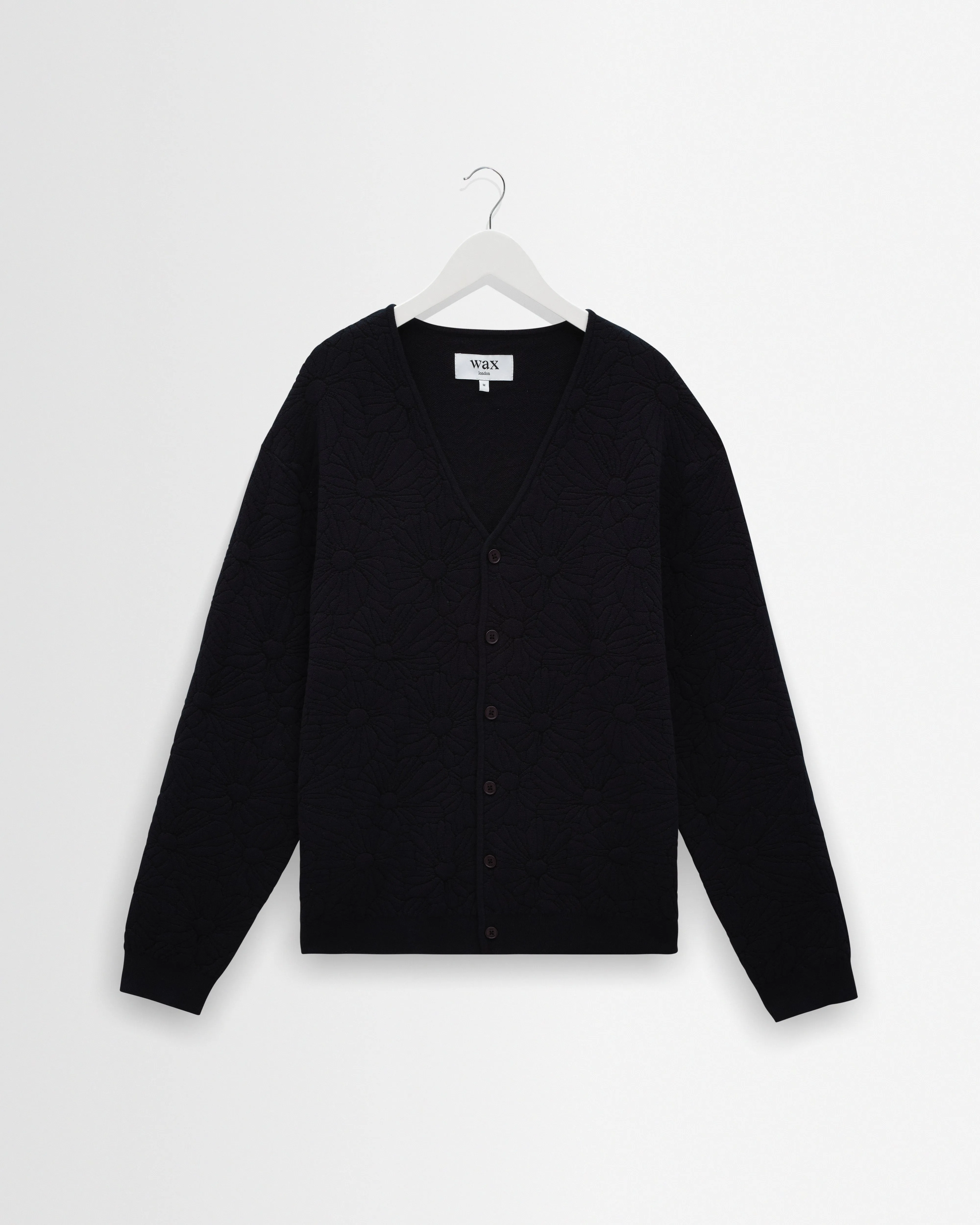 Alban - Navy And Black Floral Jacquard Cardigan sold by Wax London