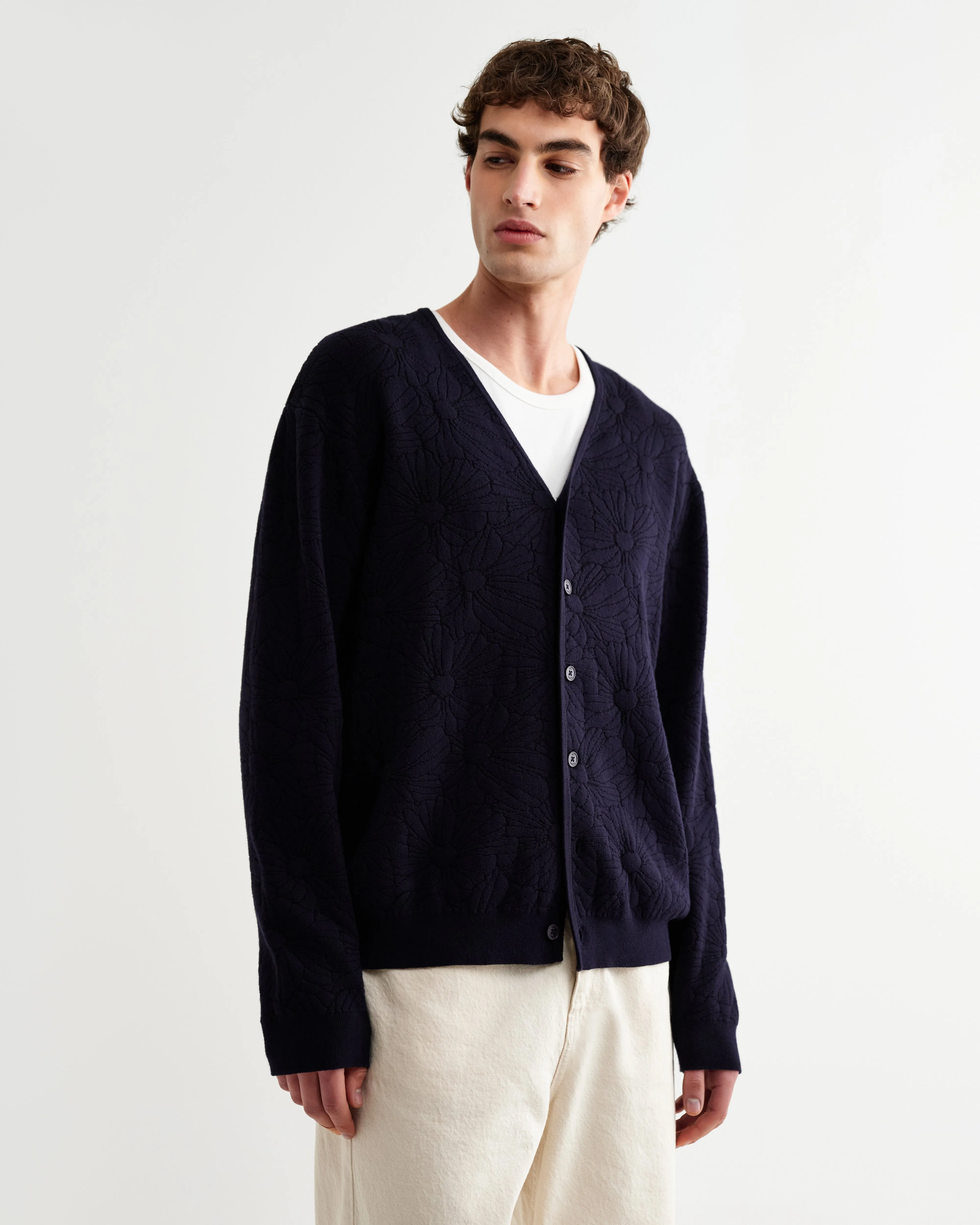 Alban - Navy And Black Floral Jacquard Cardigan sold by Wax London product image thumbnail 3