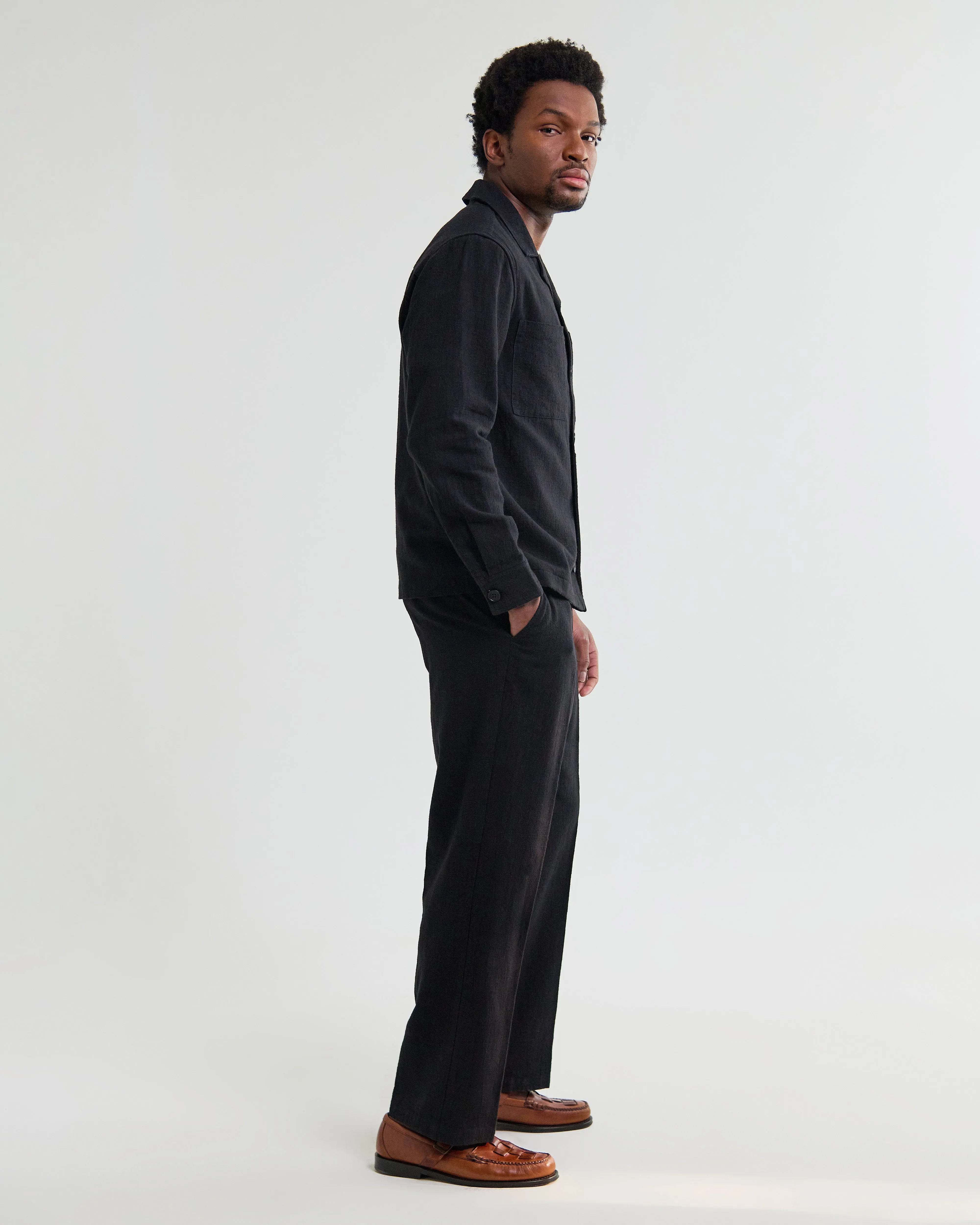 Aldred - Black Linen-Cotton Revere Overshirt sold by Wax London product image thumbnail 4